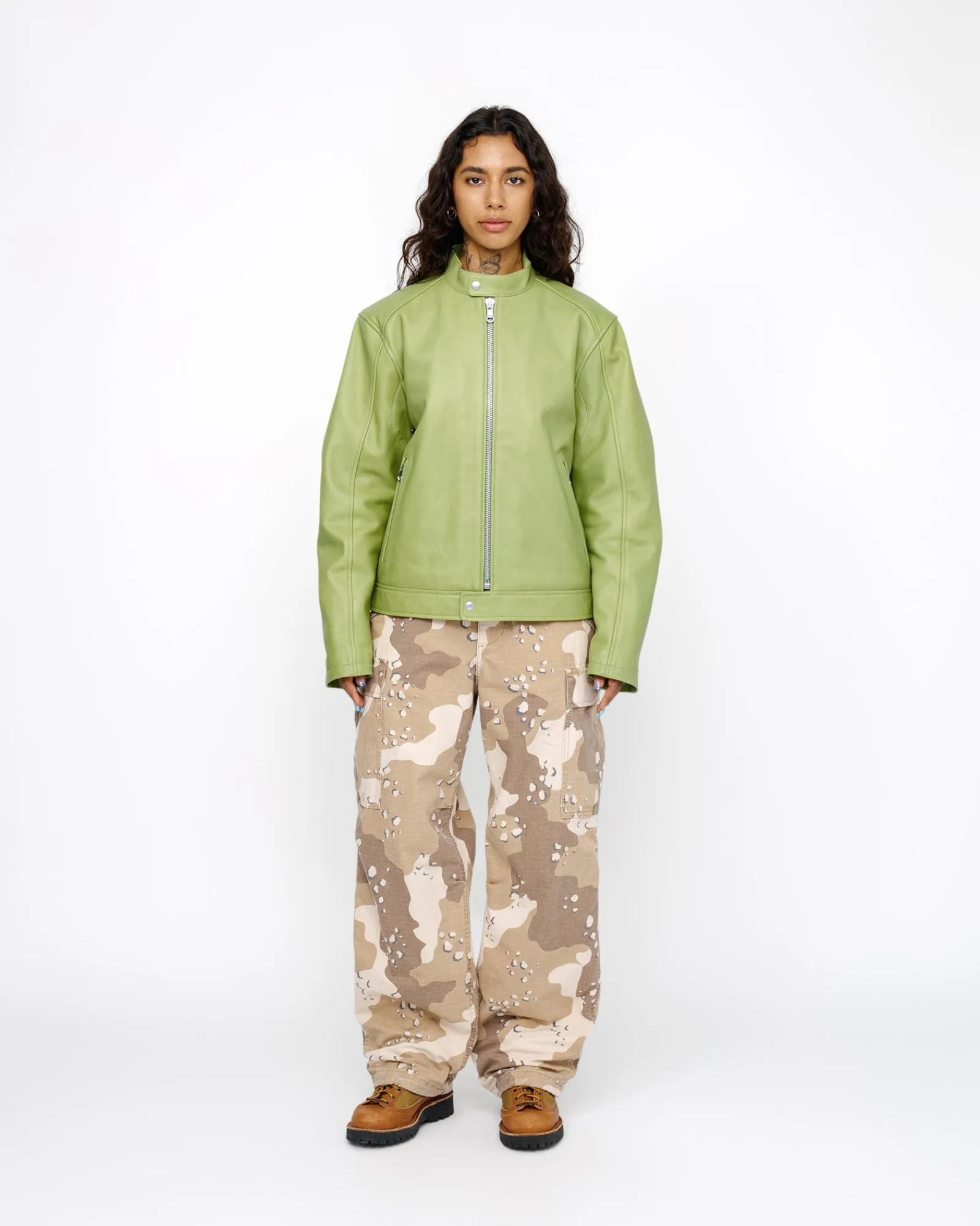 Outerwear>Stüssy CAFE RACER LEATHER JACKET Lime