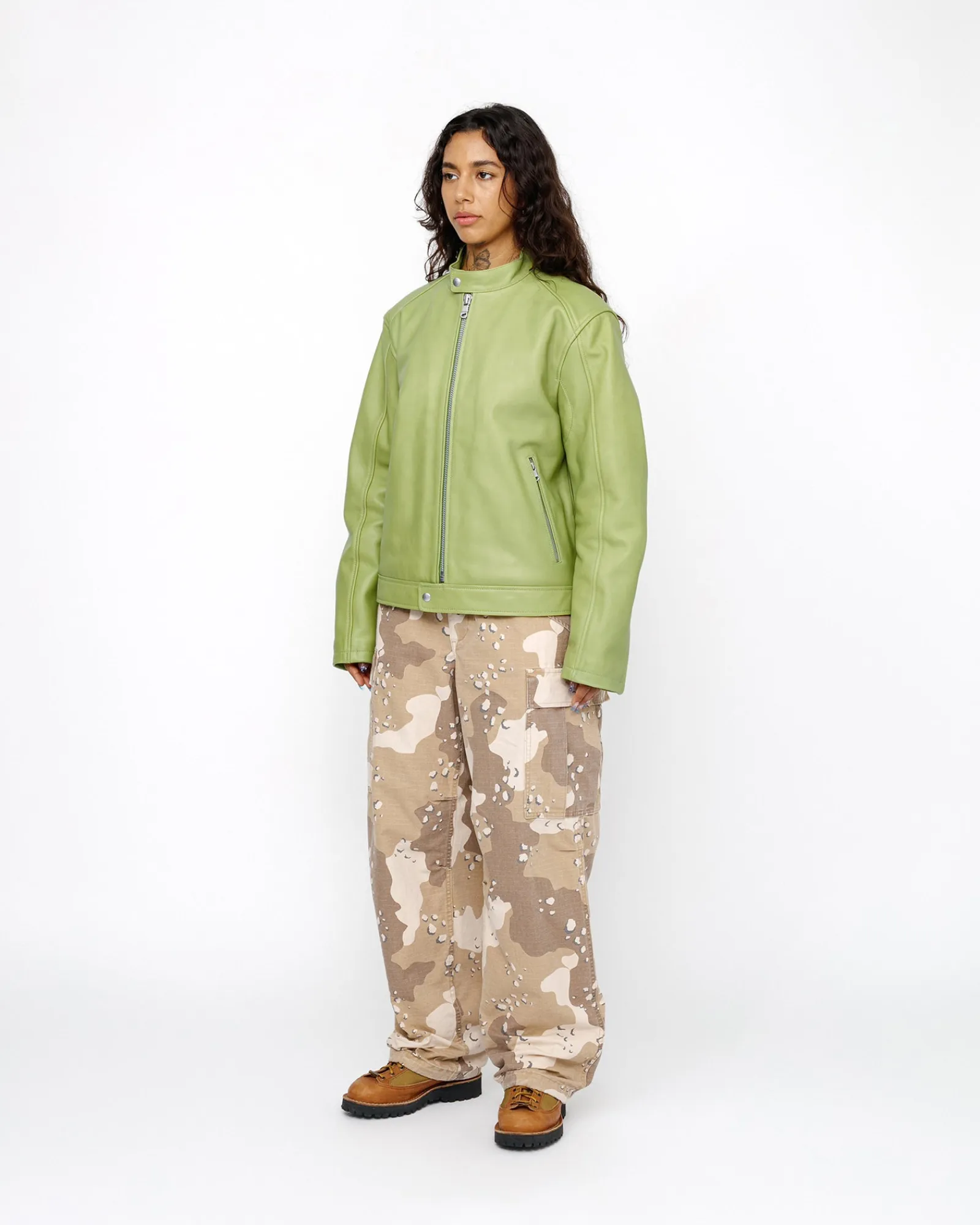 Outerwear>Stüssy CAFE RACER LEATHER JACKET Lime