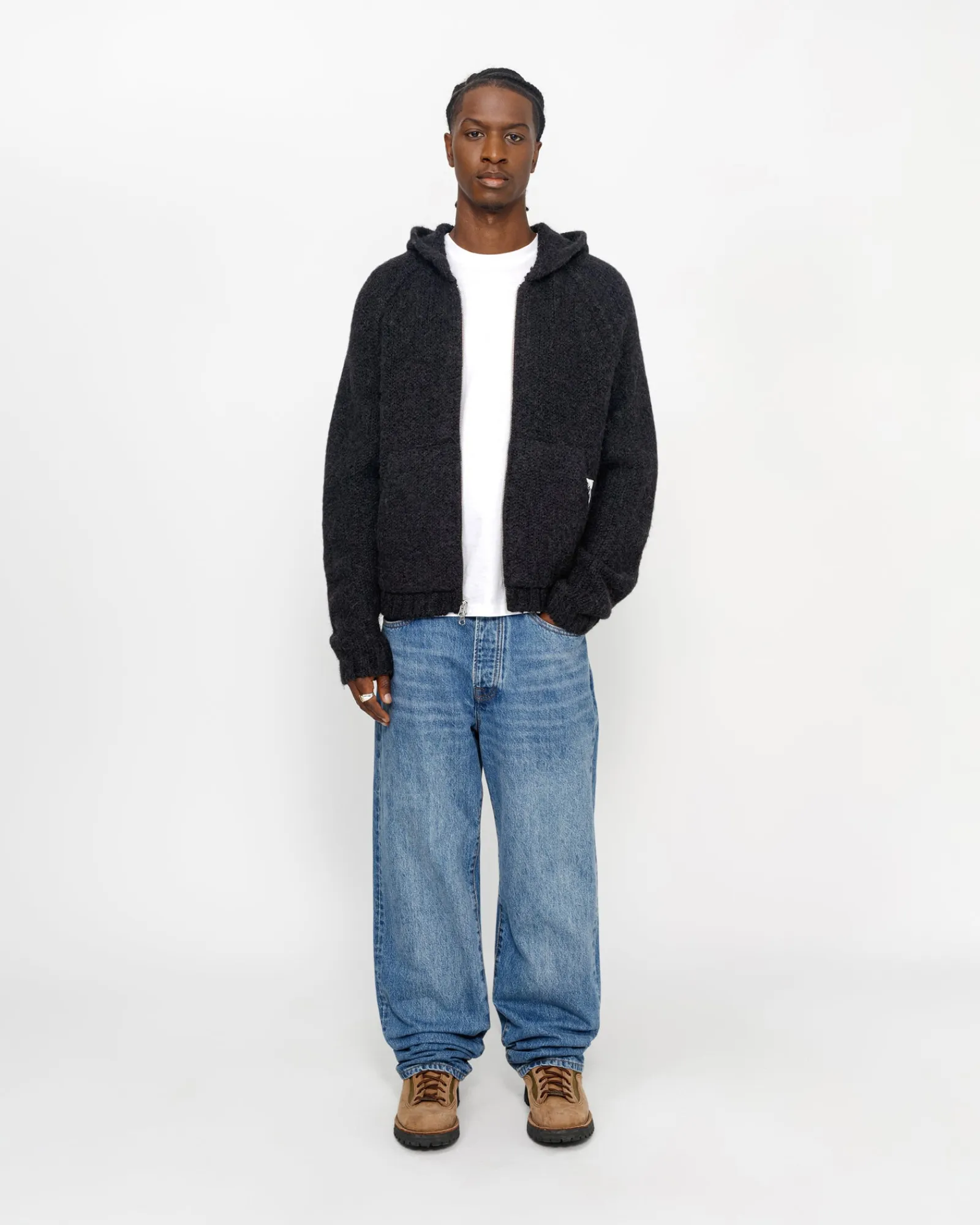 Knits>Stüssy CHUNKY KNIT ZIP HOODIE Black