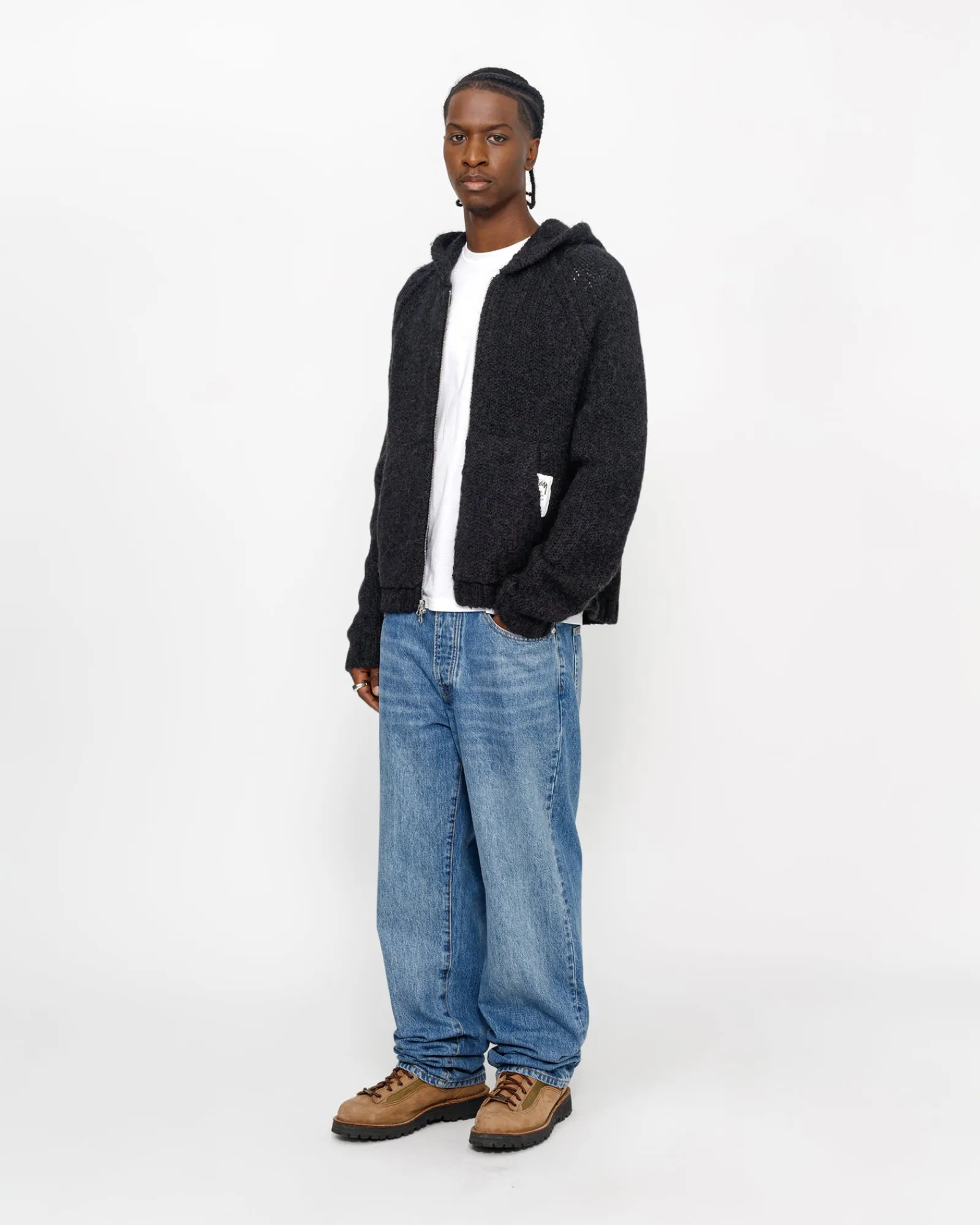 Knits>Stüssy CHUNKY KNIT ZIP HOODIE Black