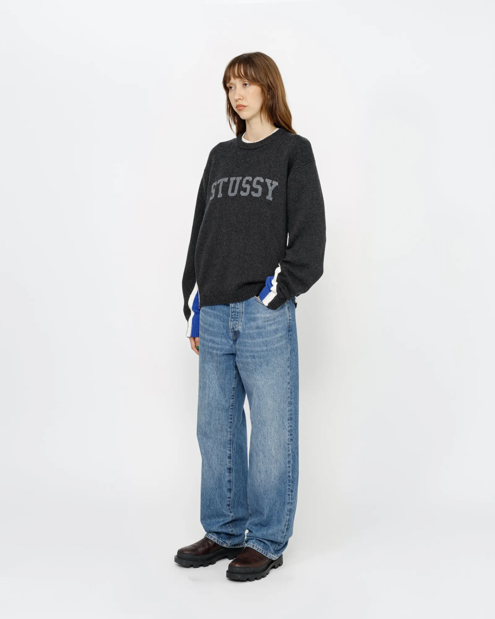 Knits>Stüssy CONTRAST STRIPE CREW Charcoal