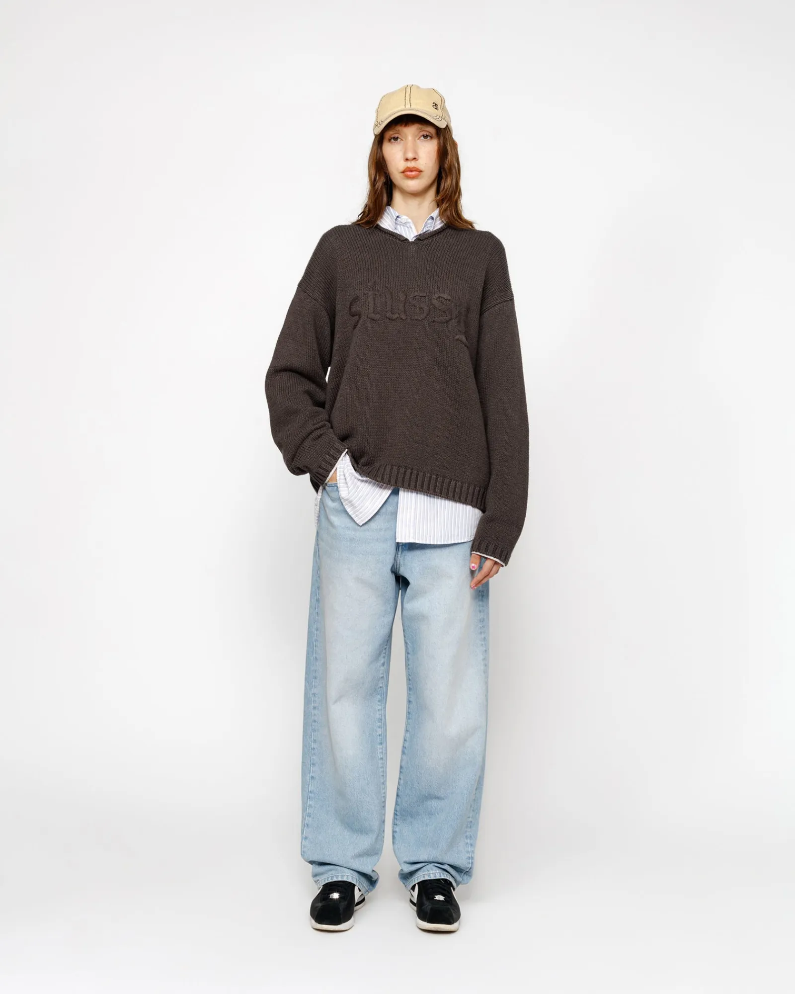 Knits>Stüssy EMBROIDERED V-NECK LOGO SWEATER Brown