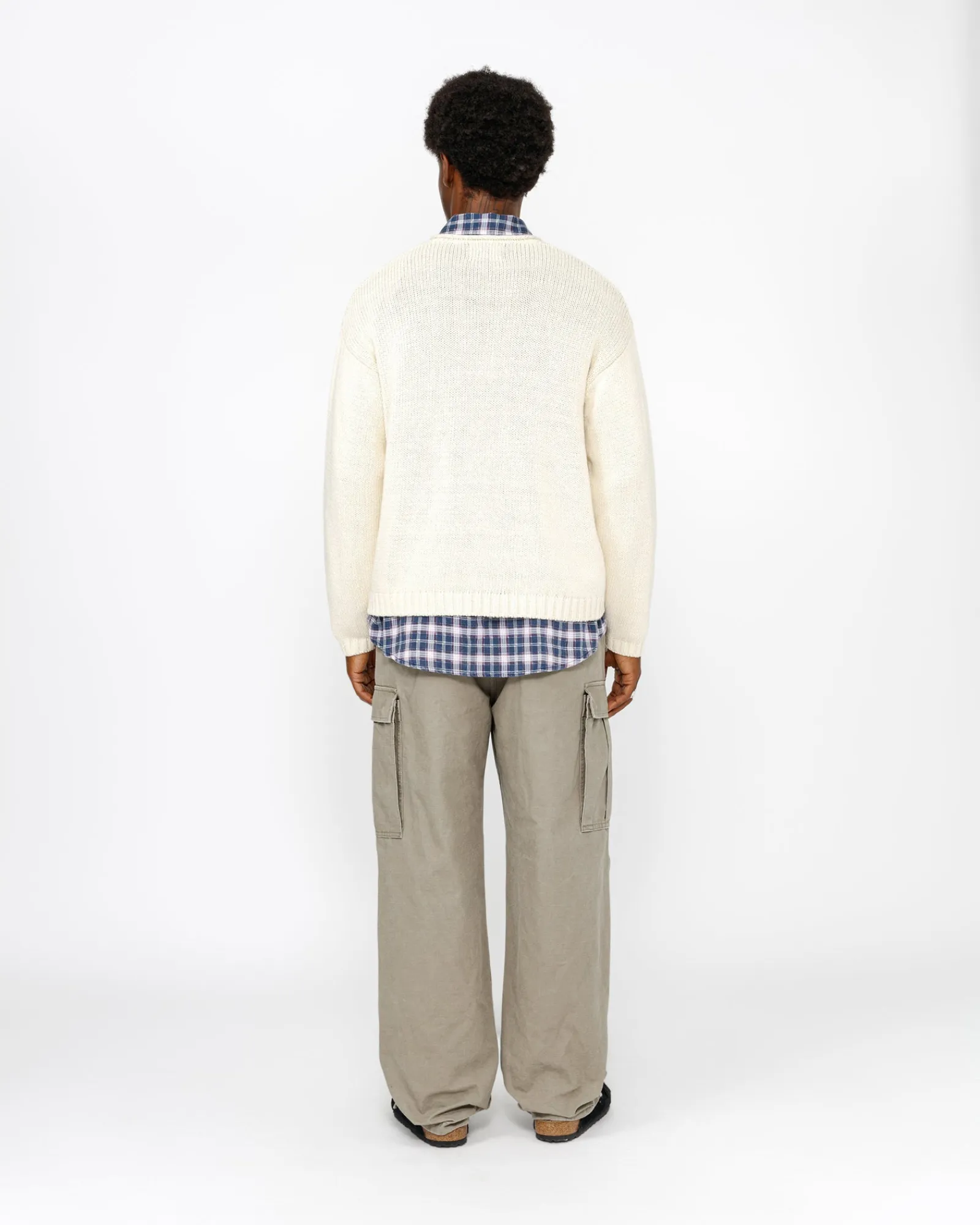 Knits>Stüssy EMBROIDERED V-NECK LOGO SWEATER Natural