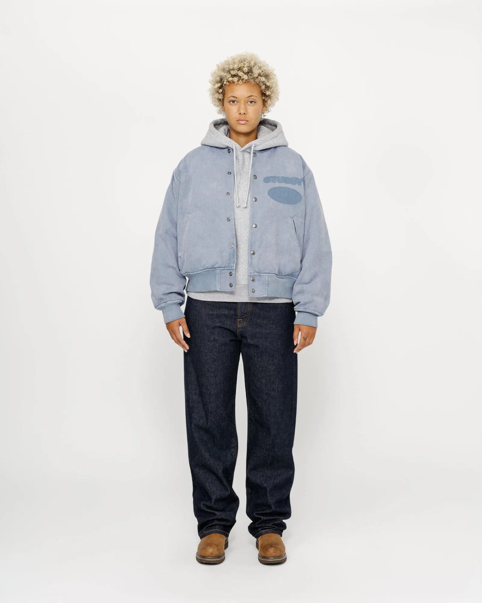 Outerwear>Stüssy GHOST LOGO CANVAS VARSITY JACKET Blue