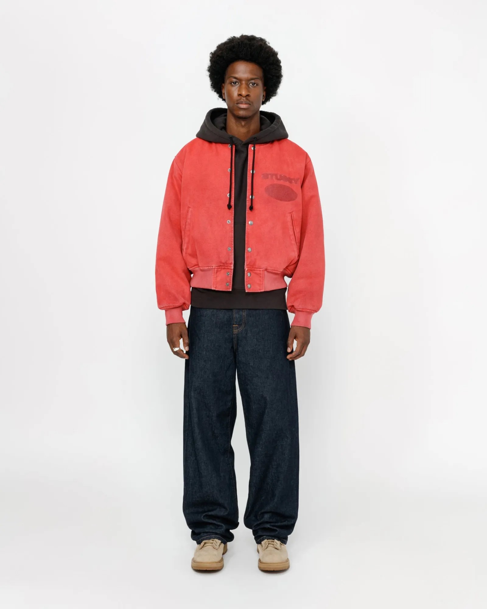 Outerwear>Stüssy GHOST LOGO CANVAS VARSITY JACKET Red