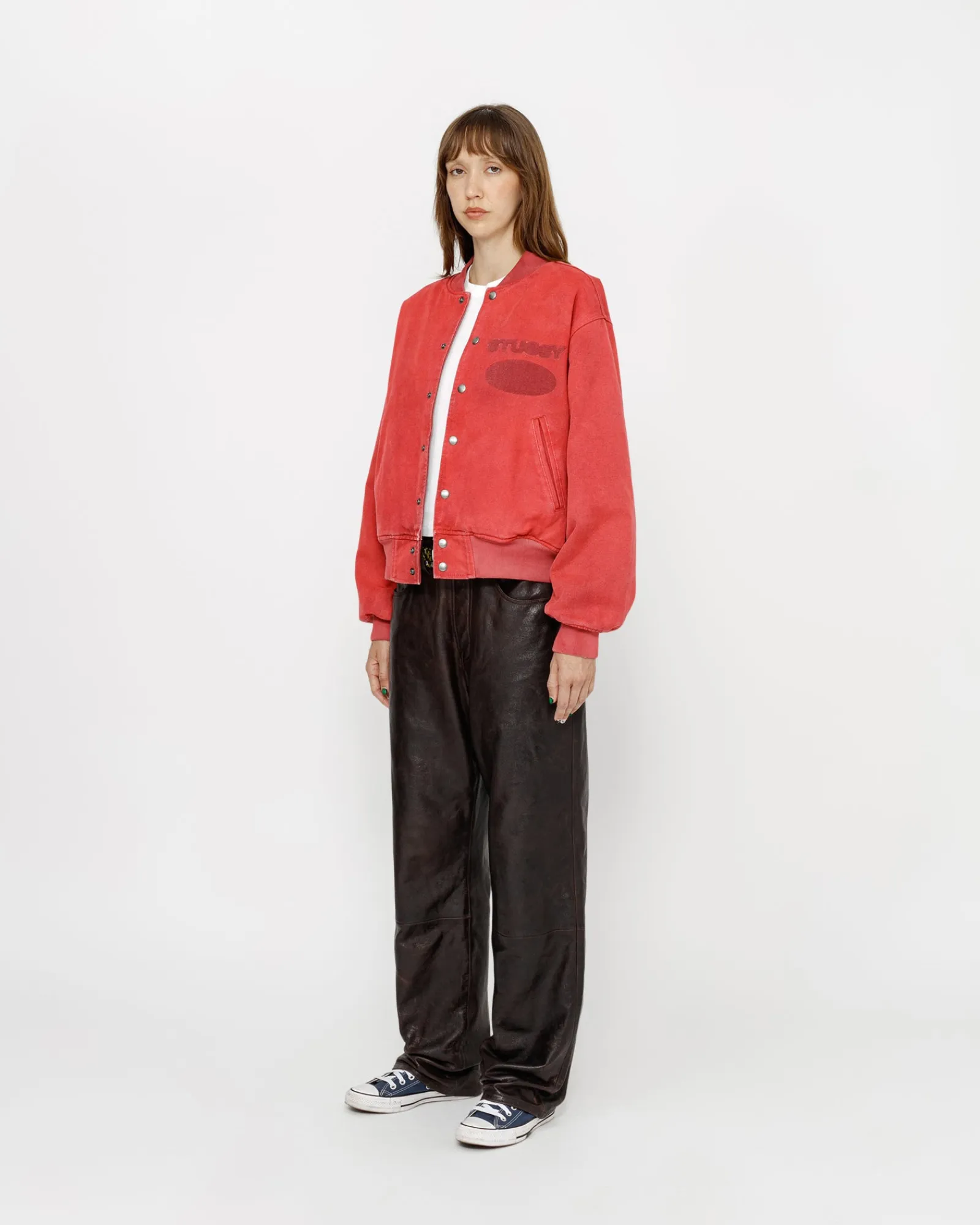 Outerwear>Stüssy GHOST LOGO CANVAS VARSITY JACKET Red