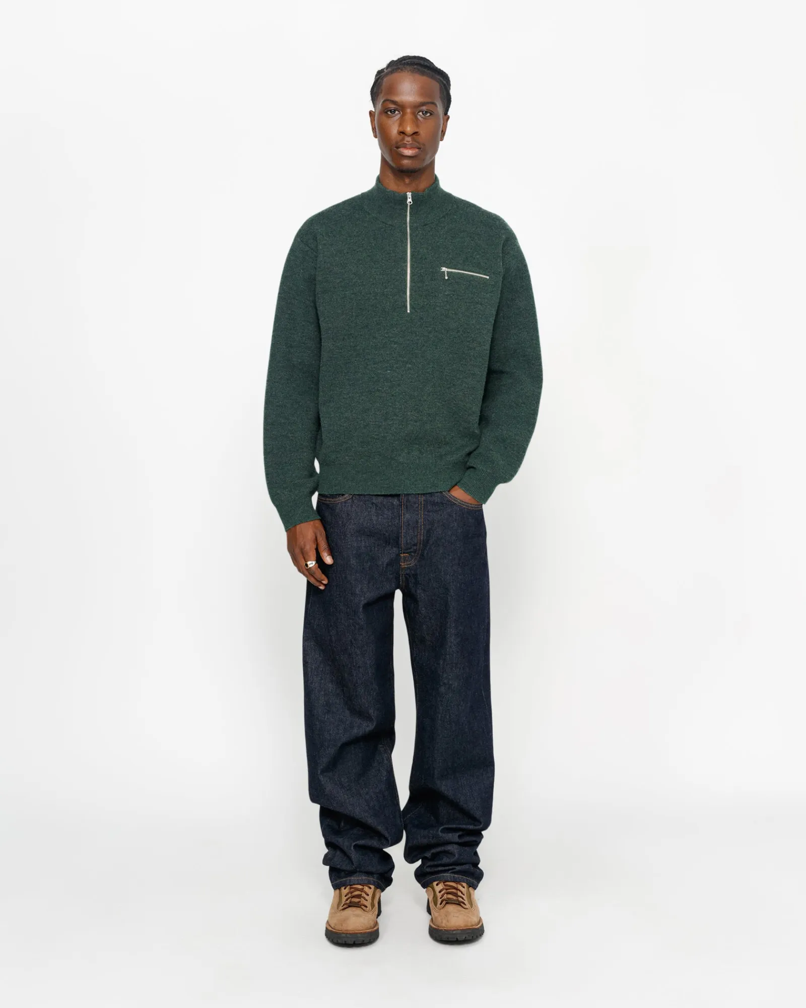 Knits>Stüssy HALF ZIP MOCK NECK SWEATER Dark Green