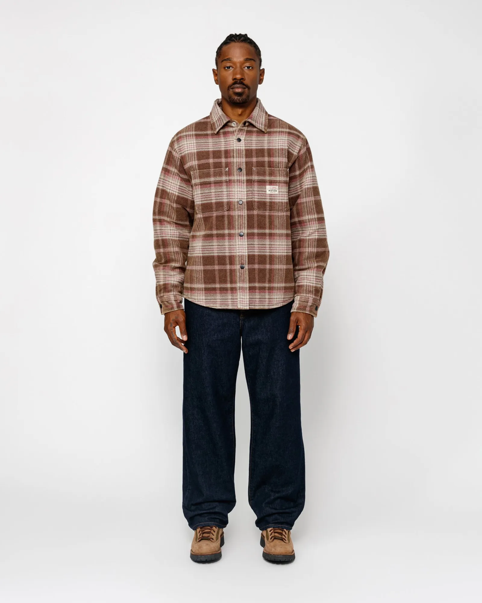 Shirts|Outerwear>Stüssy HEAVY WASHED PLAID SHIRT Brown
