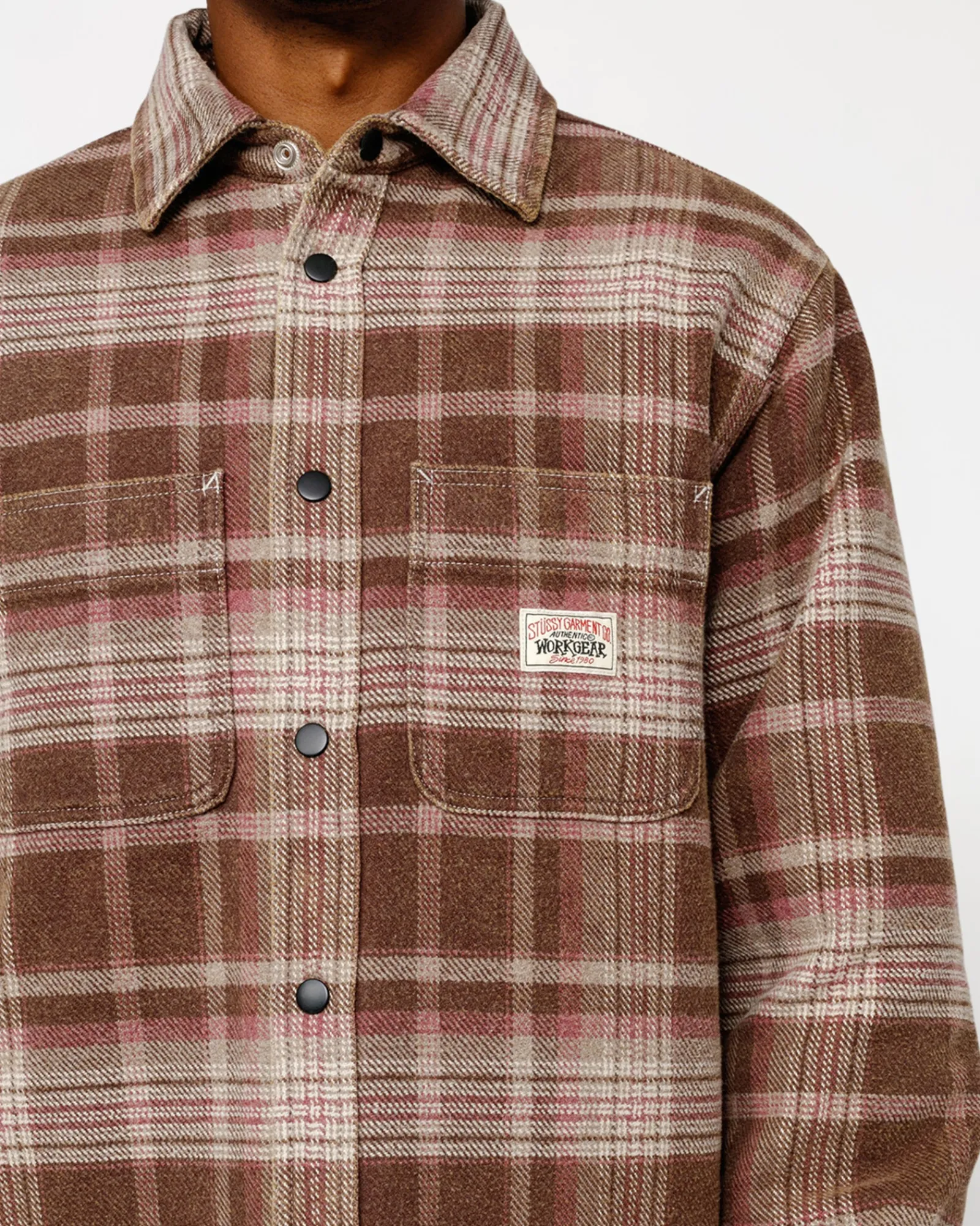 Shirts|Outerwear>Stüssy HEAVY WASHED PLAID SHIRT Brown