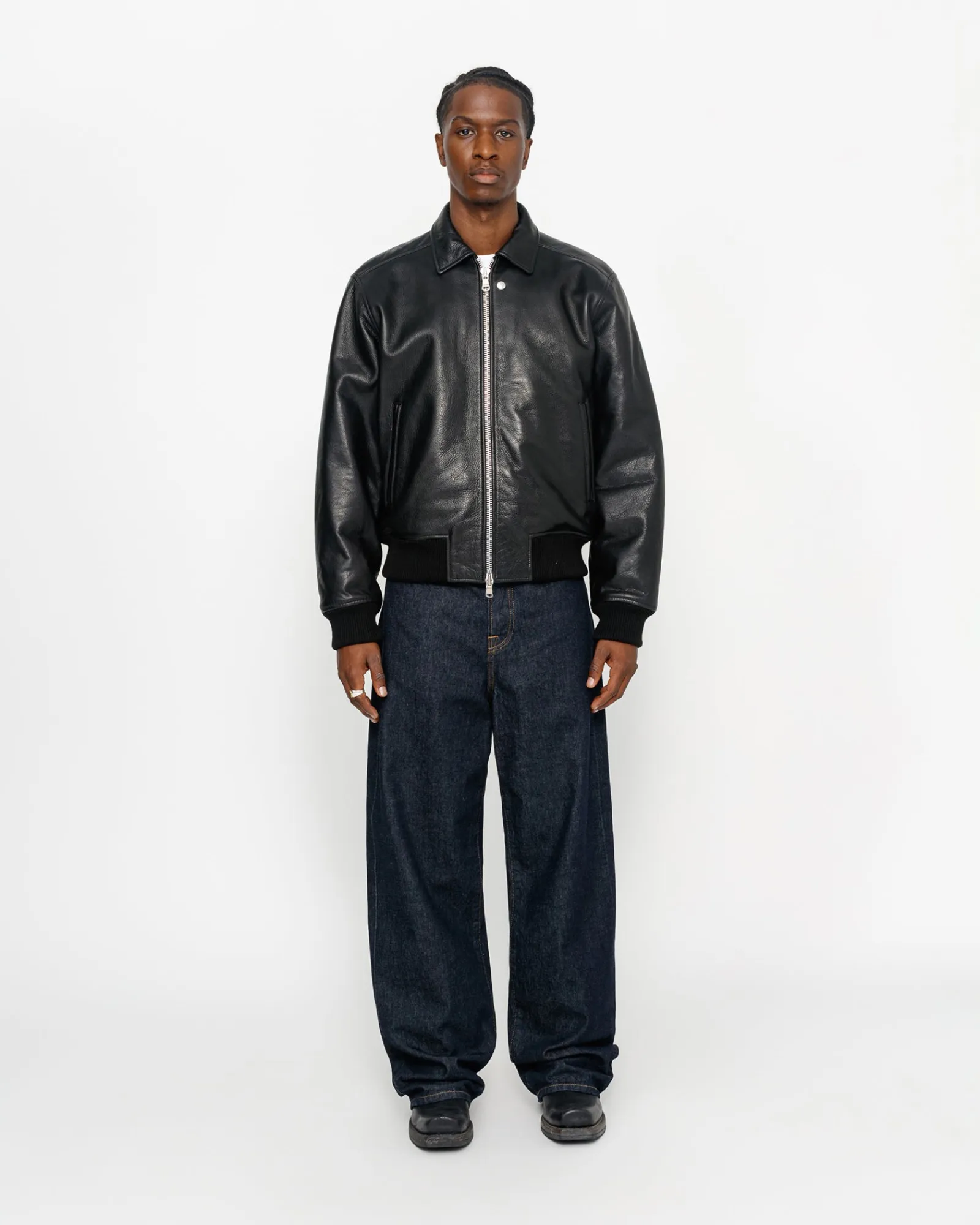 Outerwear>Stüssy LEATHER FLIGHT JACKET Black