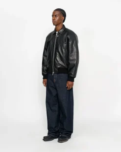 Outerwear>Stüssy LEATHER FLIGHT JACKET Black