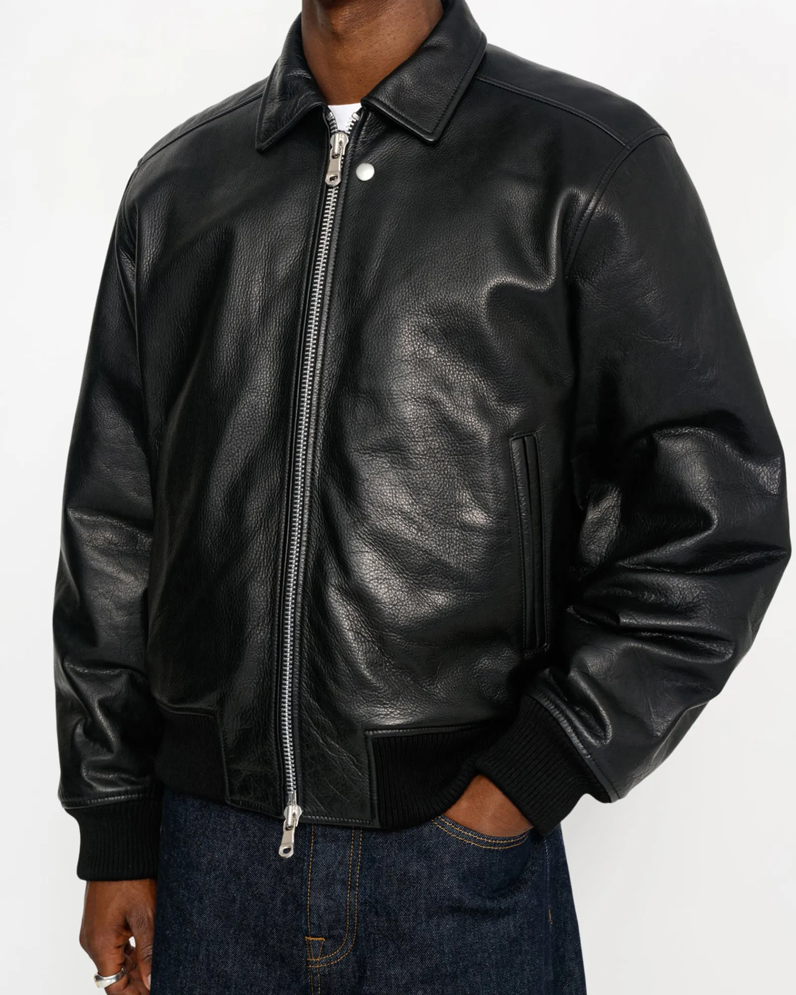 Outerwear>Stüssy LEATHER FLIGHT JACKET Black