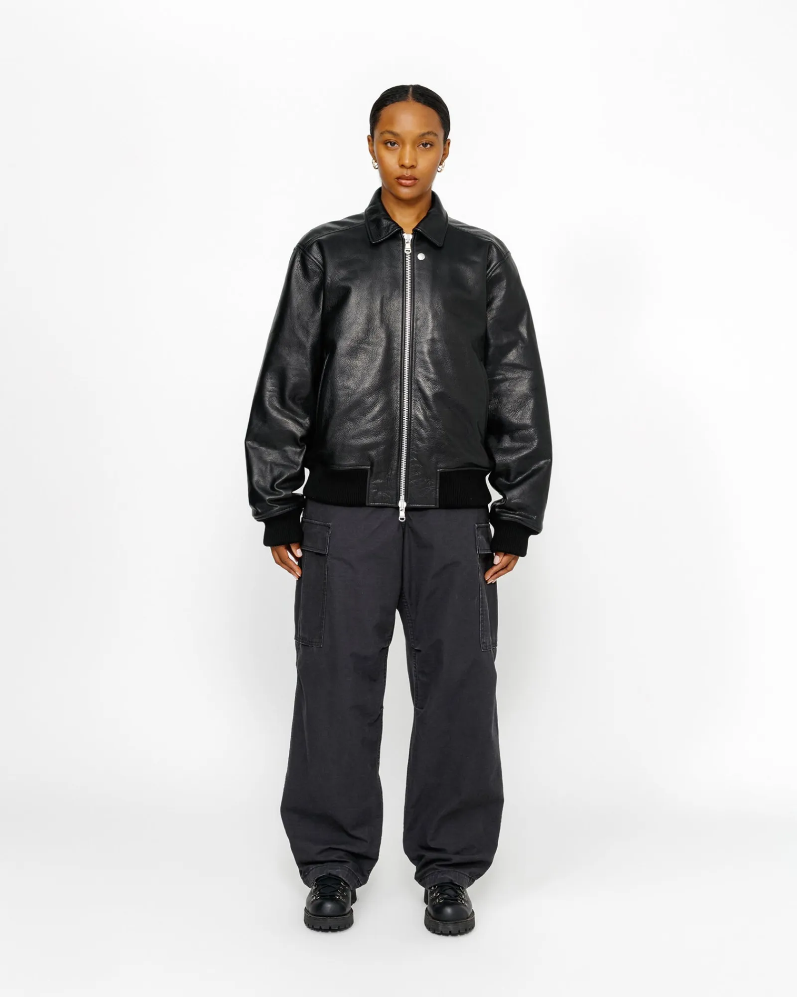 Outerwear>Stüssy LEATHER FLIGHT JACKET Black