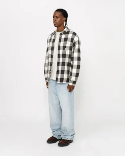Shirts|Outerwear>Stüssy SHERPA LINED BUFFALO PLAID SHIRT Bone