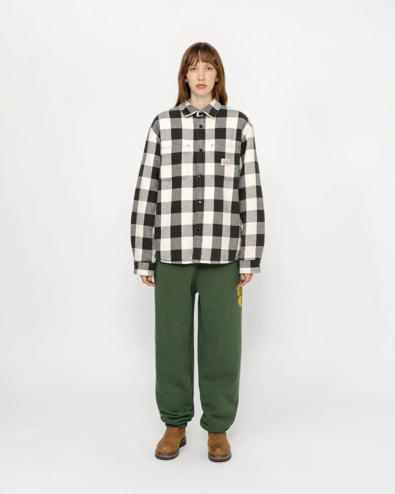 Shirts|Outerwear>Stüssy SHERPA LINED BUFFALO PLAID SHIRT Bone