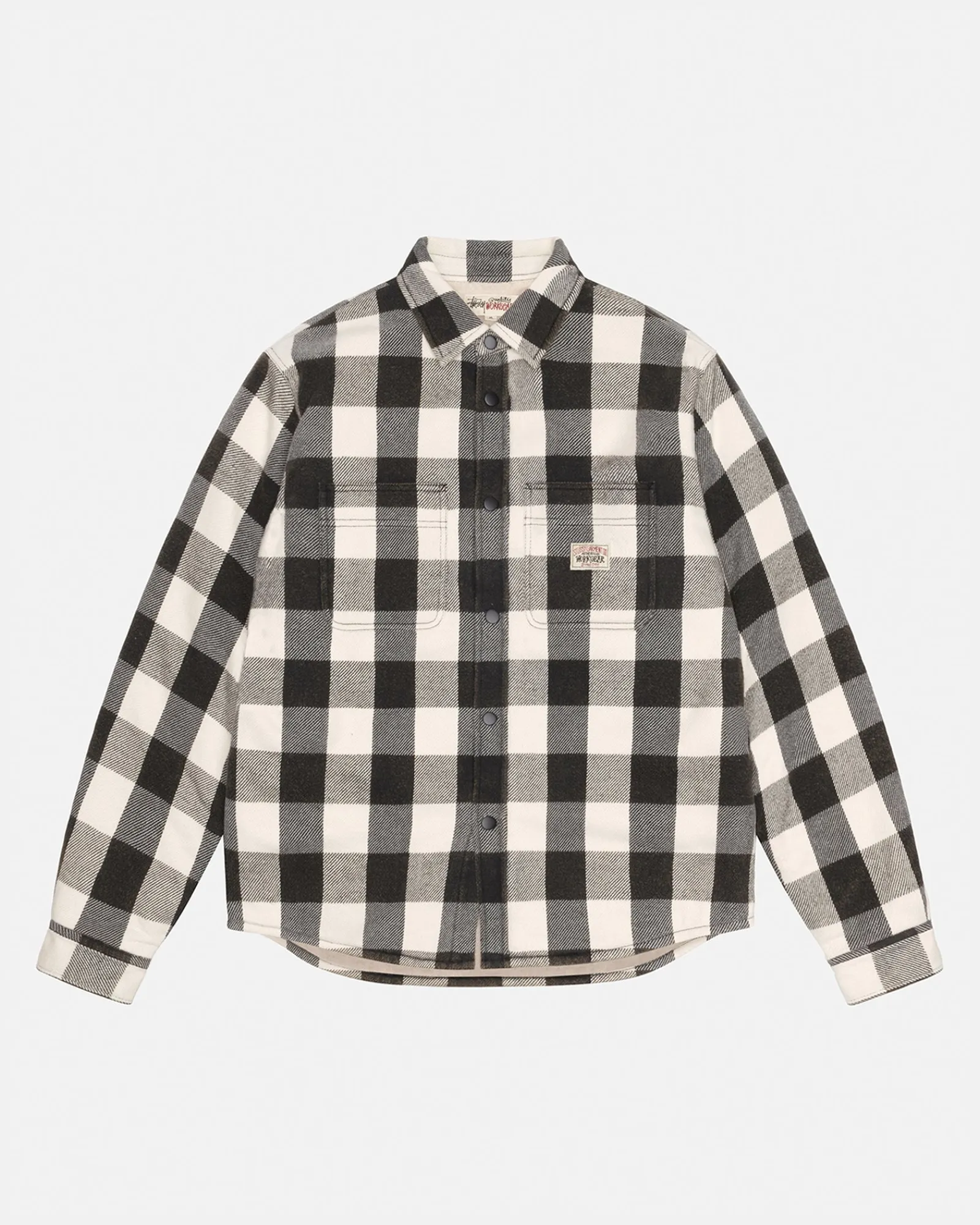 Shirts|Outerwear>Stüssy SHERPA LINED BUFFALO PLAID SHIRT Bone
