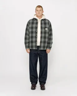 Shirts|Outerwear>Stüssy SHERPA LINED BUFFALO PLAID SHIRT Grey