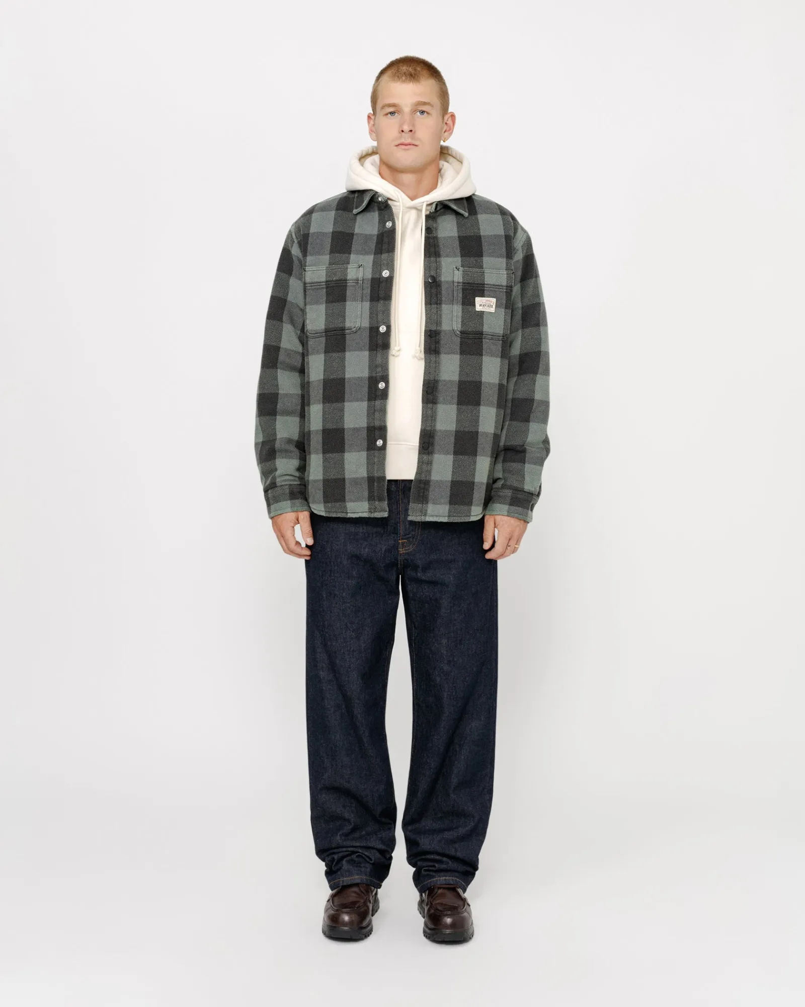 Shirts|Outerwear>Stüssy SHERPA LINED BUFFALO PLAID SHIRT Grey