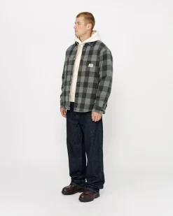 Shirts|Outerwear>Stüssy SHERPA LINED BUFFALO PLAID SHIRT Grey