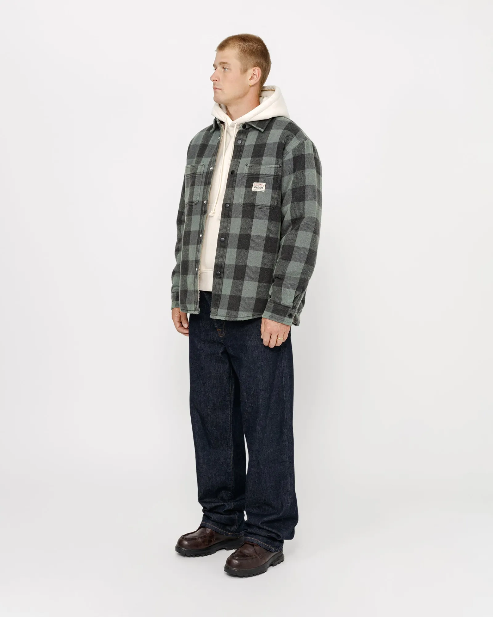 Shirts|Outerwear>Stüssy SHERPA LINED BUFFALO PLAID SHIRT Grey
