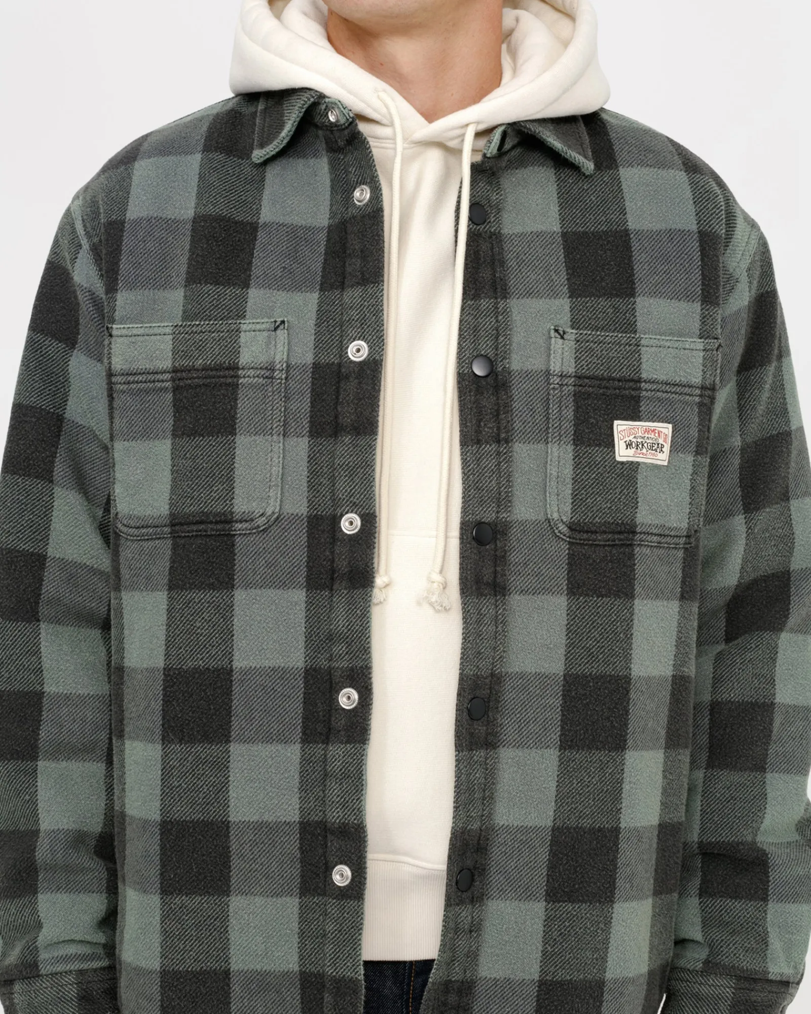 Shirts|Outerwear>Stüssy SHERPA LINED BUFFALO PLAID SHIRT Grey