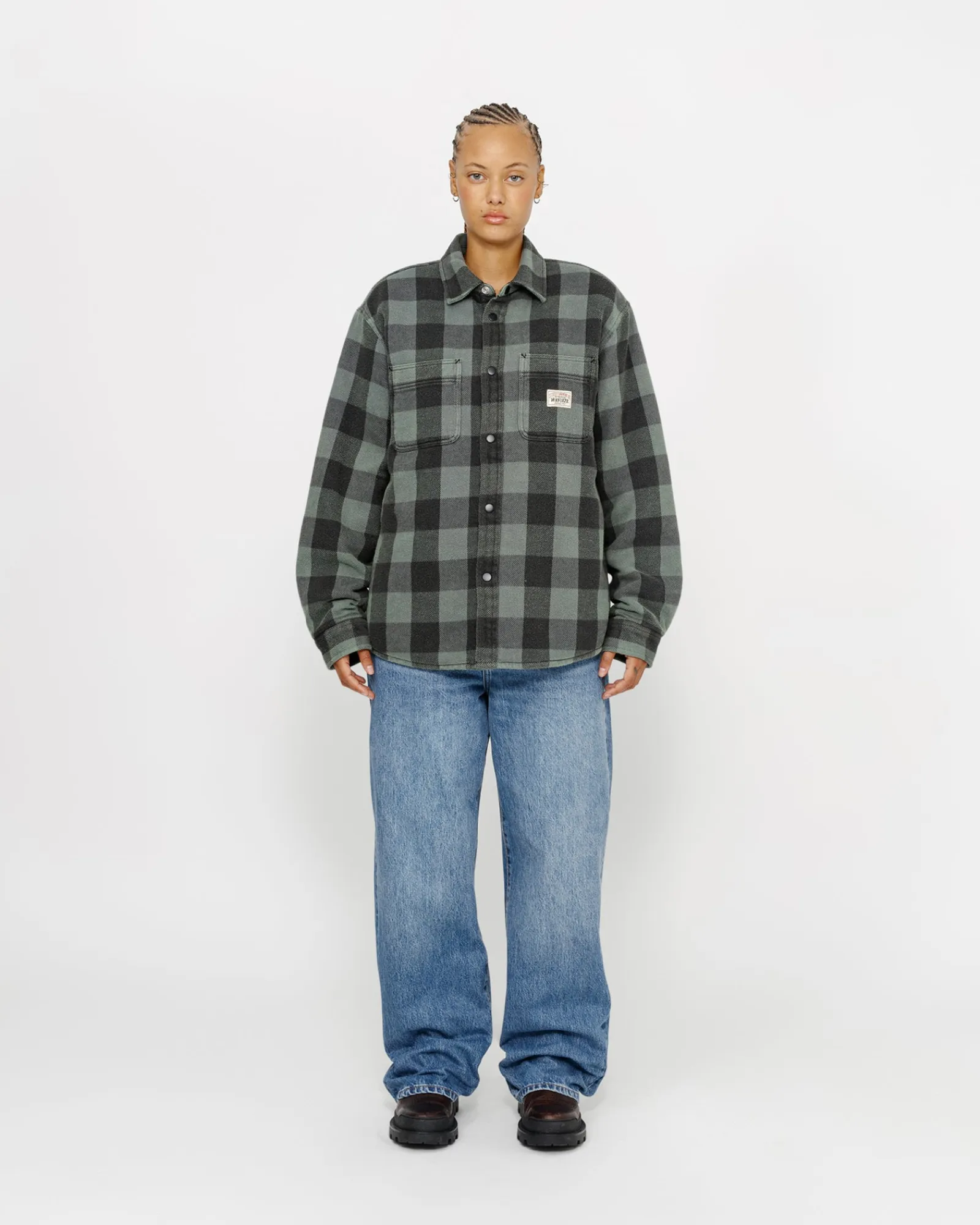 Shirts|Outerwear>Stüssy SHERPA LINED BUFFALO PLAID SHIRT Grey