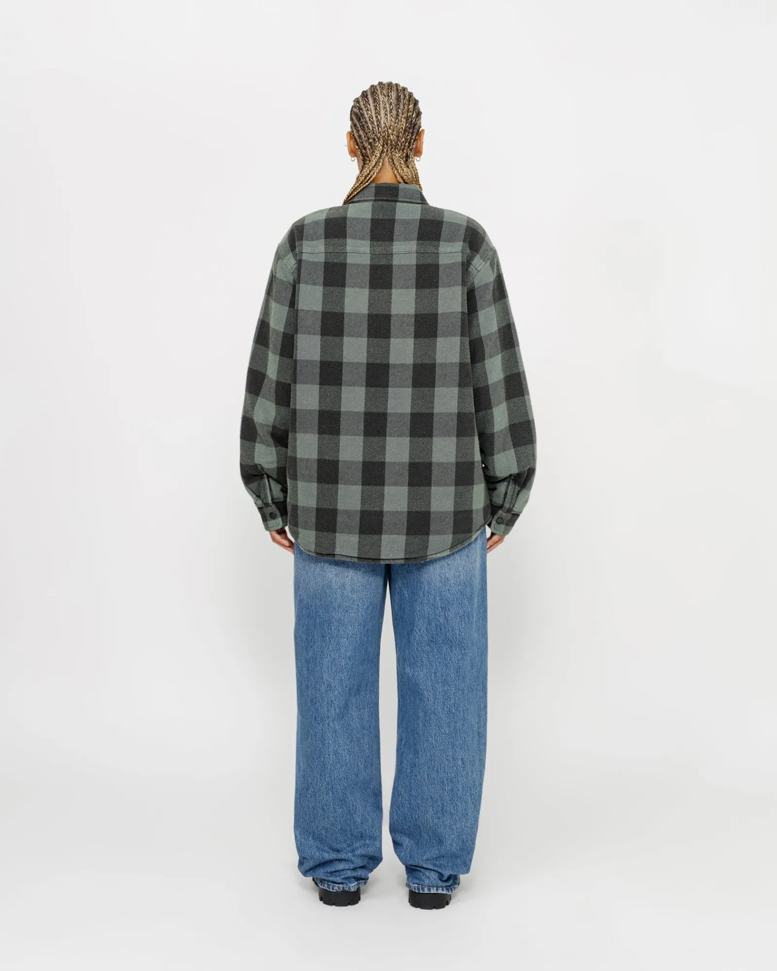 Shirts|Outerwear>Stüssy SHERPA LINED BUFFALO PLAID SHIRT Grey