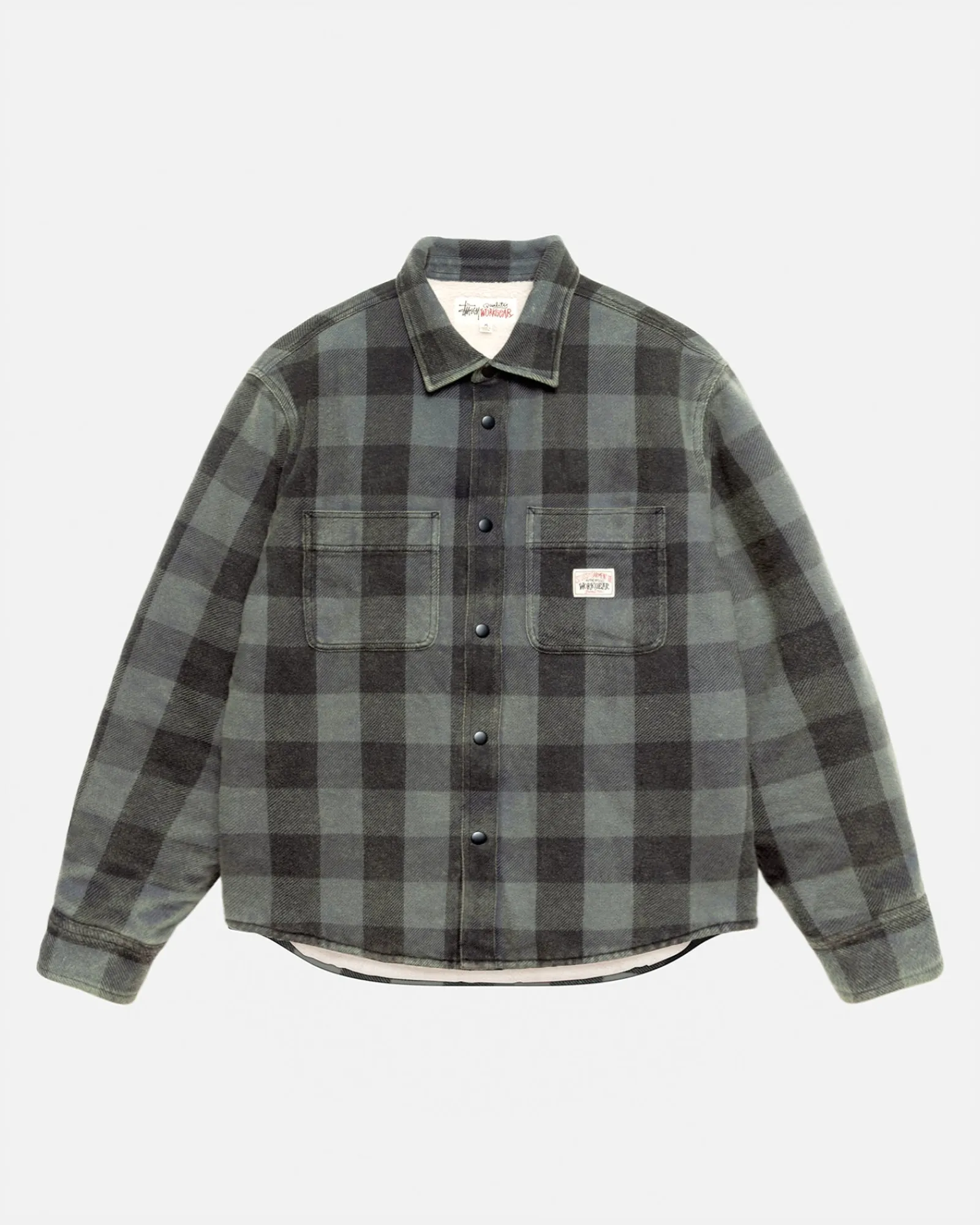 Shirts|Outerwear>Stüssy SHERPA LINED BUFFALO PLAID SHIRT Grey