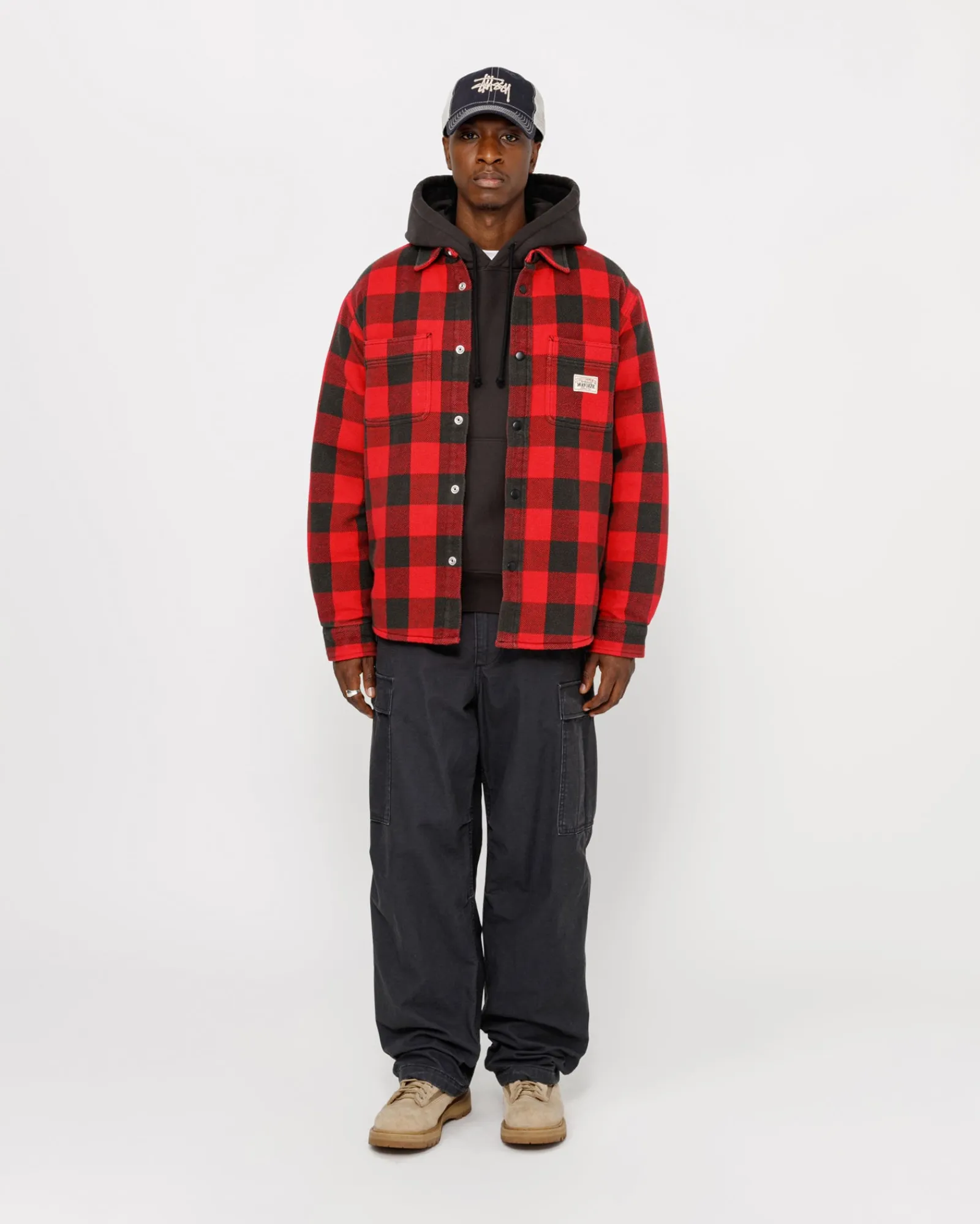 Shirts|Outerwear>Stüssy SHERPA LINED BUFFALO PLAID SHIRT Red