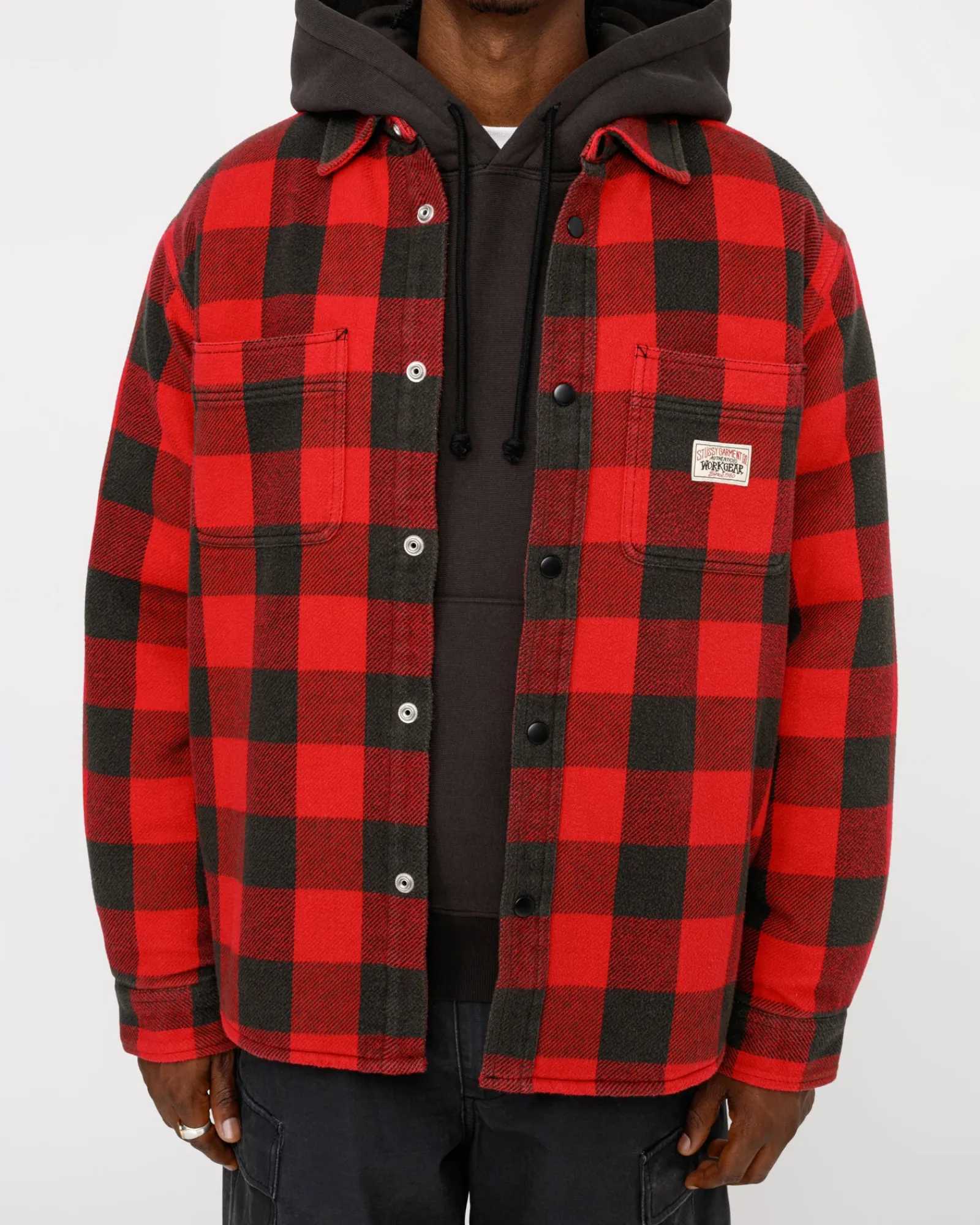 Shirts|Outerwear>Stüssy SHERPA LINED BUFFALO PLAID SHIRT Red