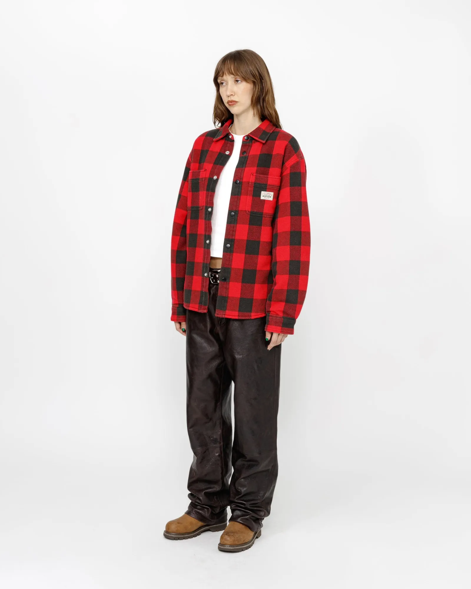 Shirts|Outerwear>Stüssy SHERPA LINED BUFFALO PLAID SHIRT Red