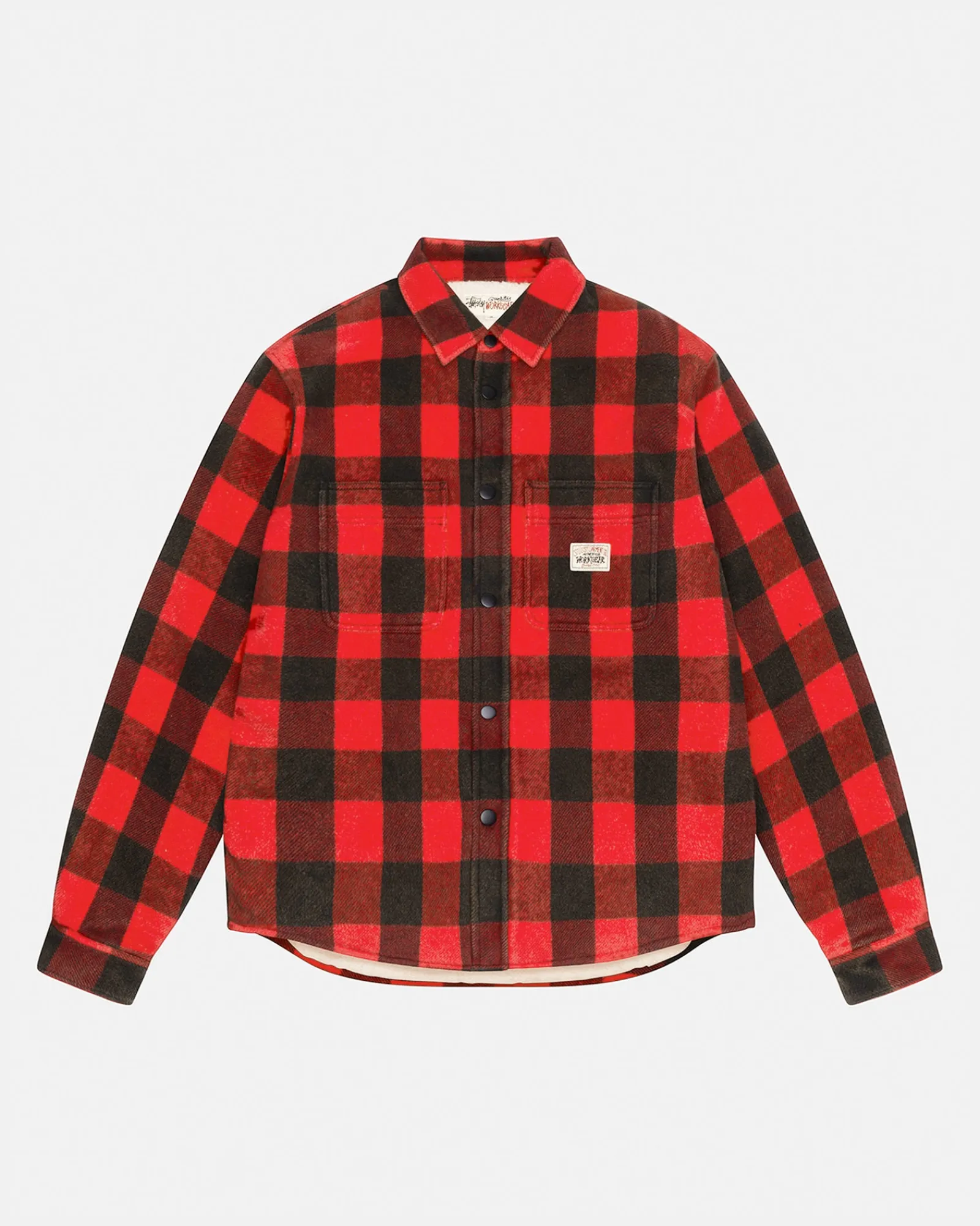 Shirts|Outerwear>Stüssy SHERPA LINED BUFFALO PLAID SHIRT Red