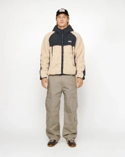 Outerwear>Stüssy SHERPA PANELED HOODED JACKET Beige