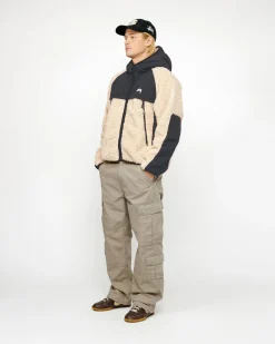 Outerwear>Stüssy SHERPA PANELED HOODED JACKET Beige