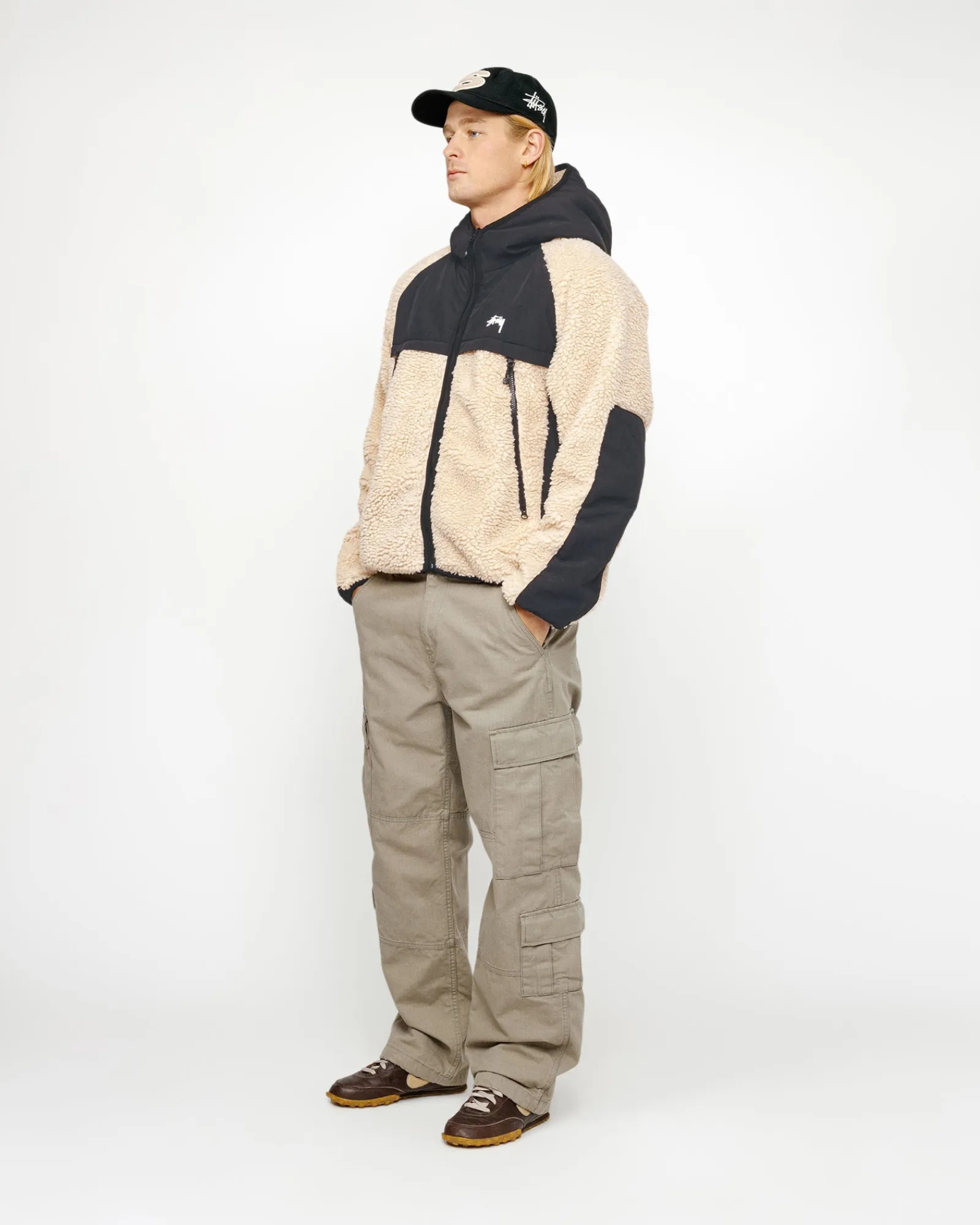 Outerwear>Stüssy SHERPA PANELED HOODED JACKET Beige