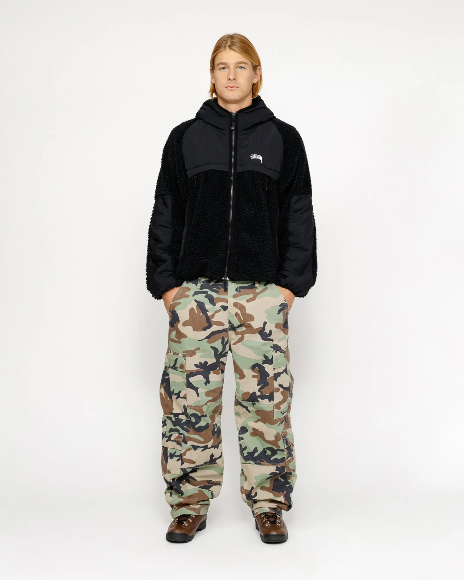 Outerwear>Stüssy SHERPA PANELED HOODED JACKET Black