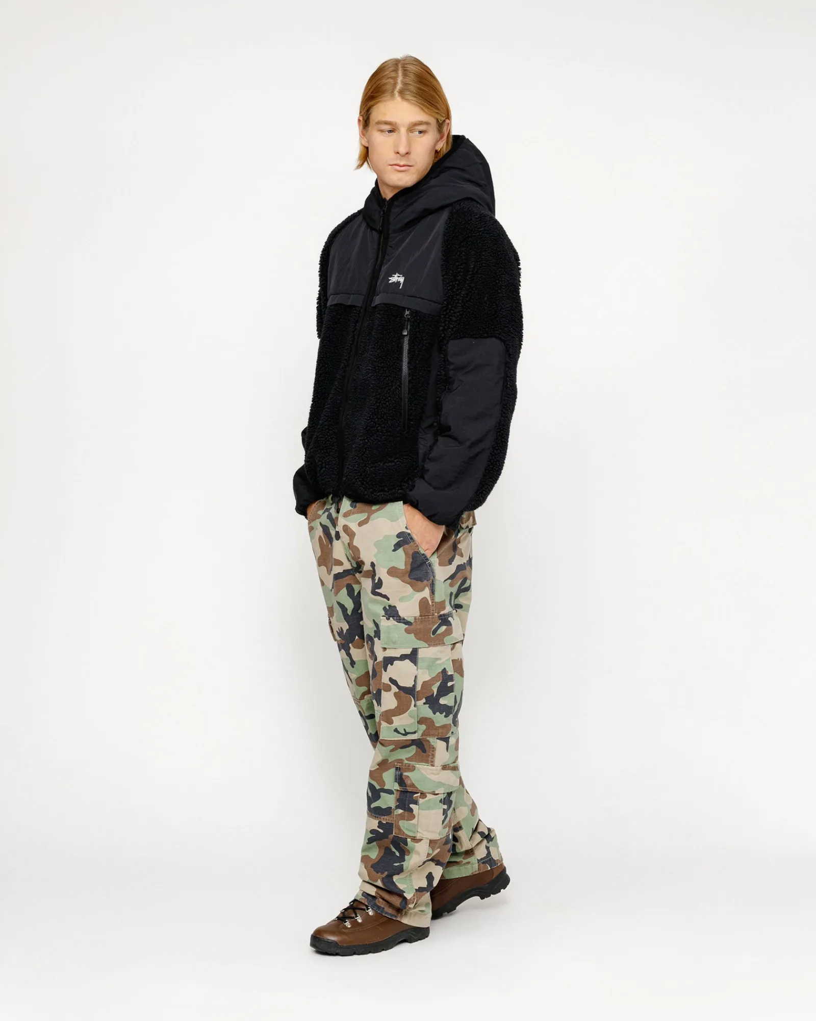 Outerwear>Stüssy SHERPA PANELED HOODED JACKET Black