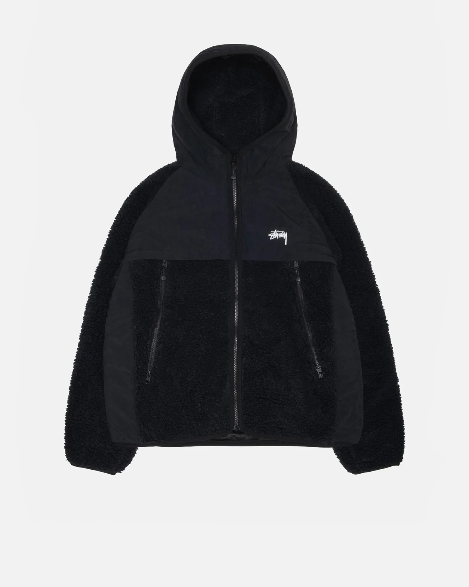 Outerwear>Stüssy SHERPA PANELED HOODED JACKET Black