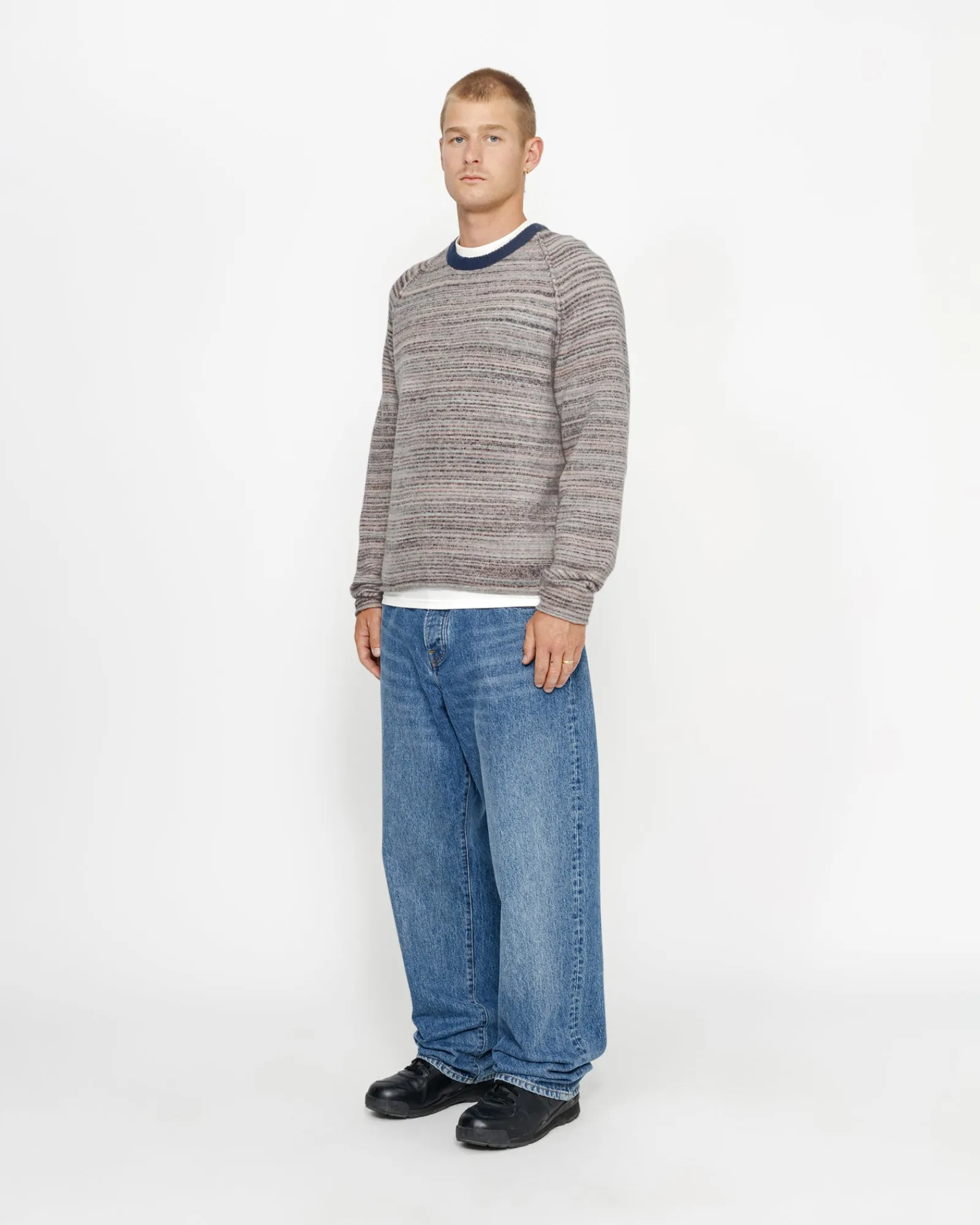 Knits>Stüssy TEXTURED KNIT CONTRAST COLLAR CREW Grey Multi