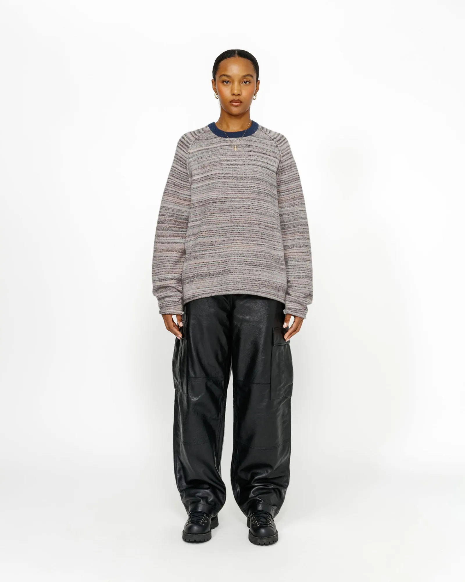 Knits>Stüssy TEXTURED KNIT CONTRAST COLLAR CREW Grey Multi