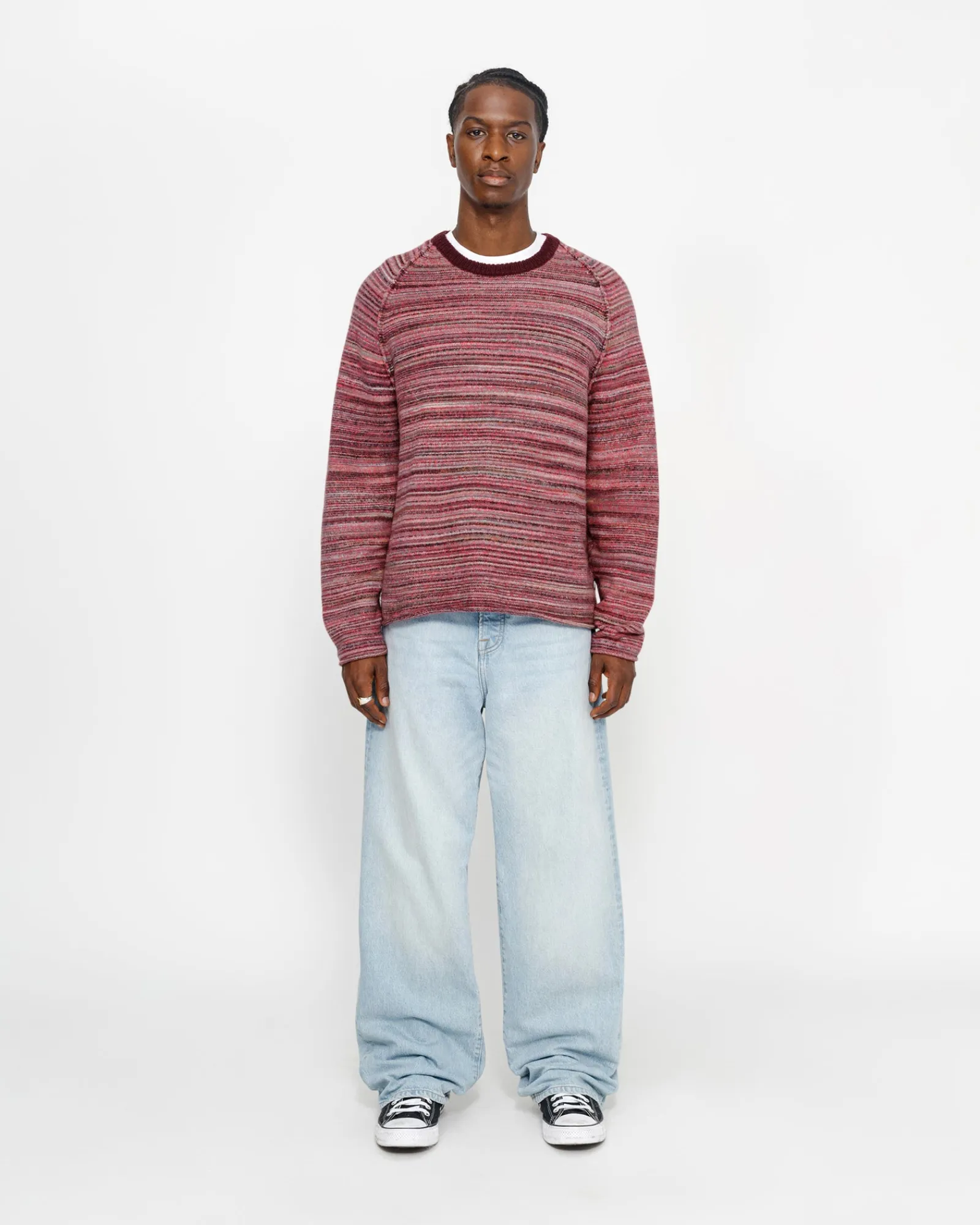 Knits>Stüssy TEXTURED KNIT CONTRAST COLLAR CREW Red Multi
