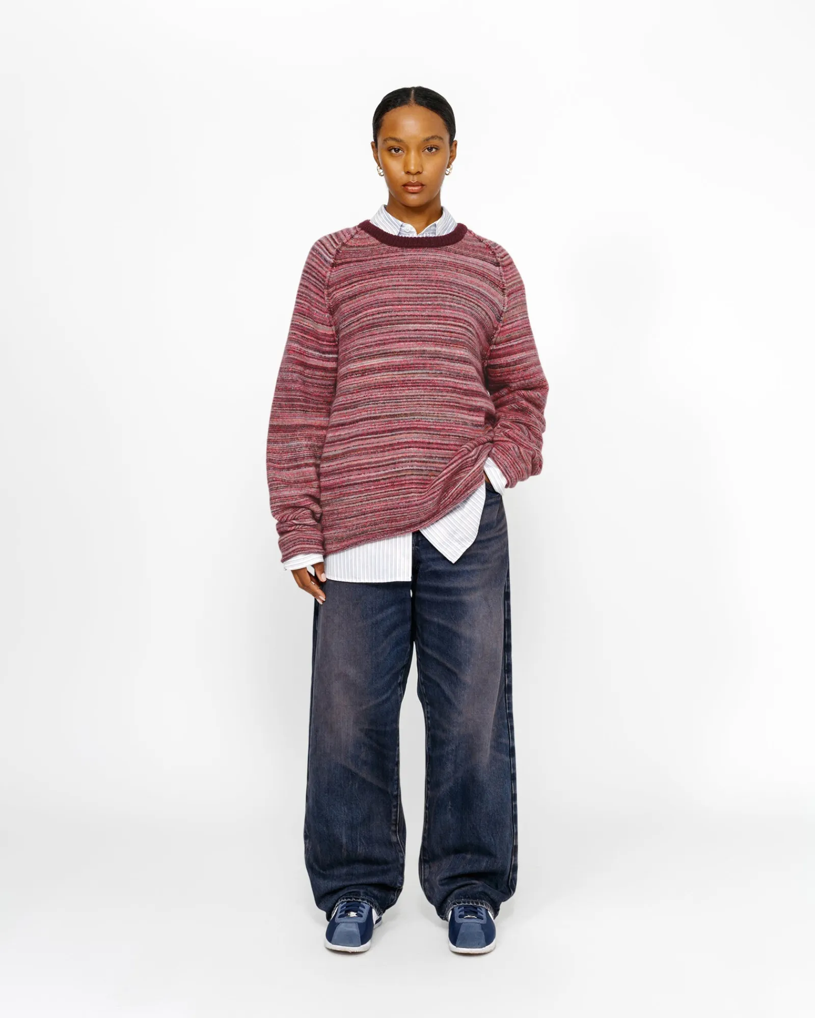 Knits>Stüssy TEXTURED KNIT CONTRAST COLLAR CREW Red Multi