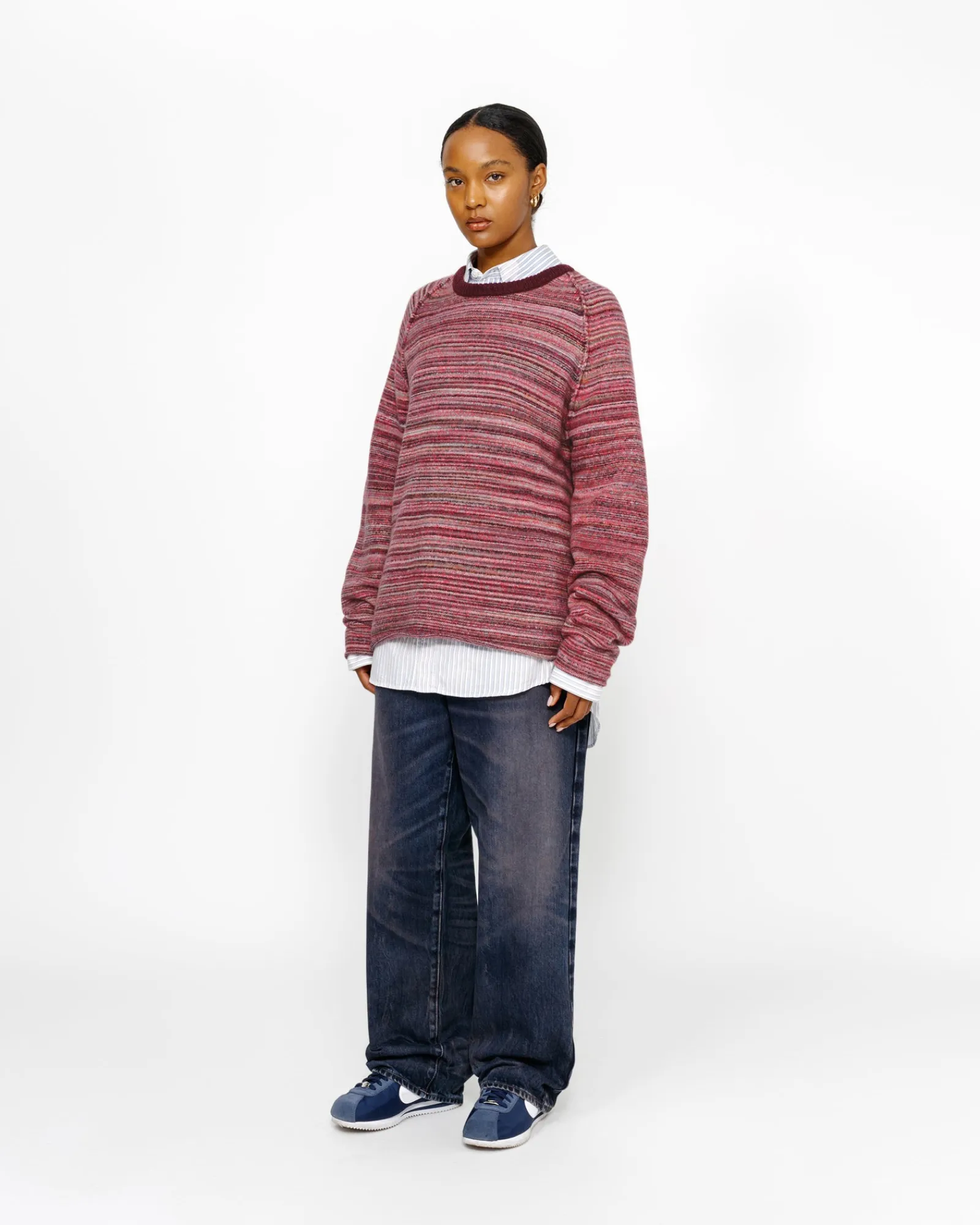 Knits>Stüssy TEXTURED KNIT CONTRAST COLLAR CREW Red Multi