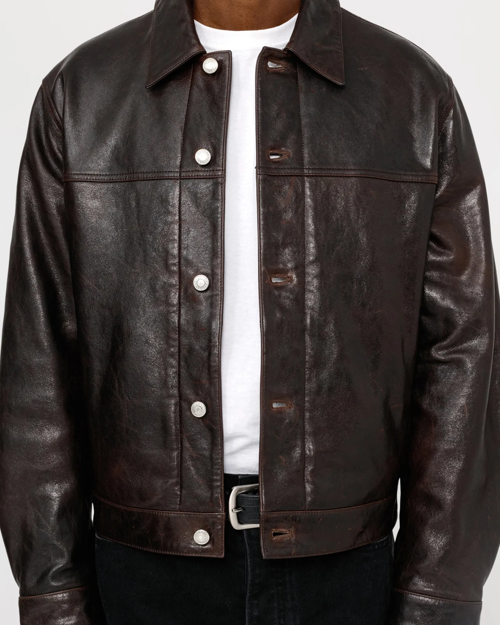 Outerwear>Stüssy TRUCKER JACKET LEATHER Dark Brown