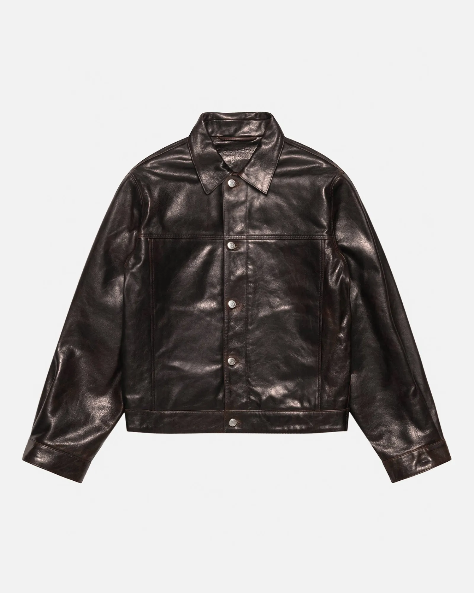 Outerwear>Stüssy TRUCKER JACKET LEATHER Dark Brown
