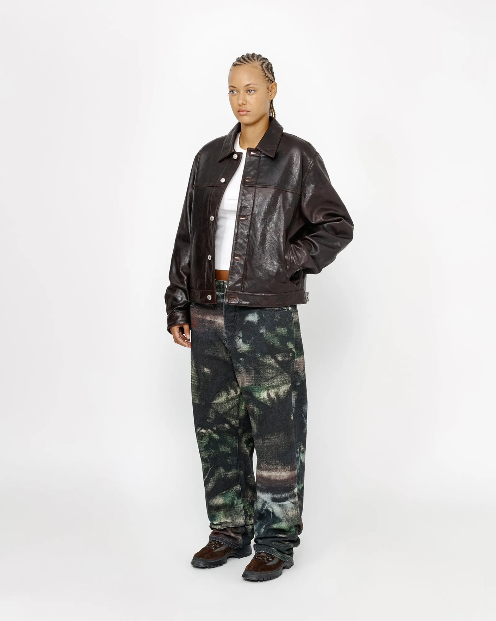 Outerwear>Stüssy TRUCKER JACKET LEATHER Dark Brown