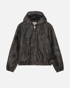Outerwear>Stüssy WORK JACKET STONEWASH LEATHER Black Leather