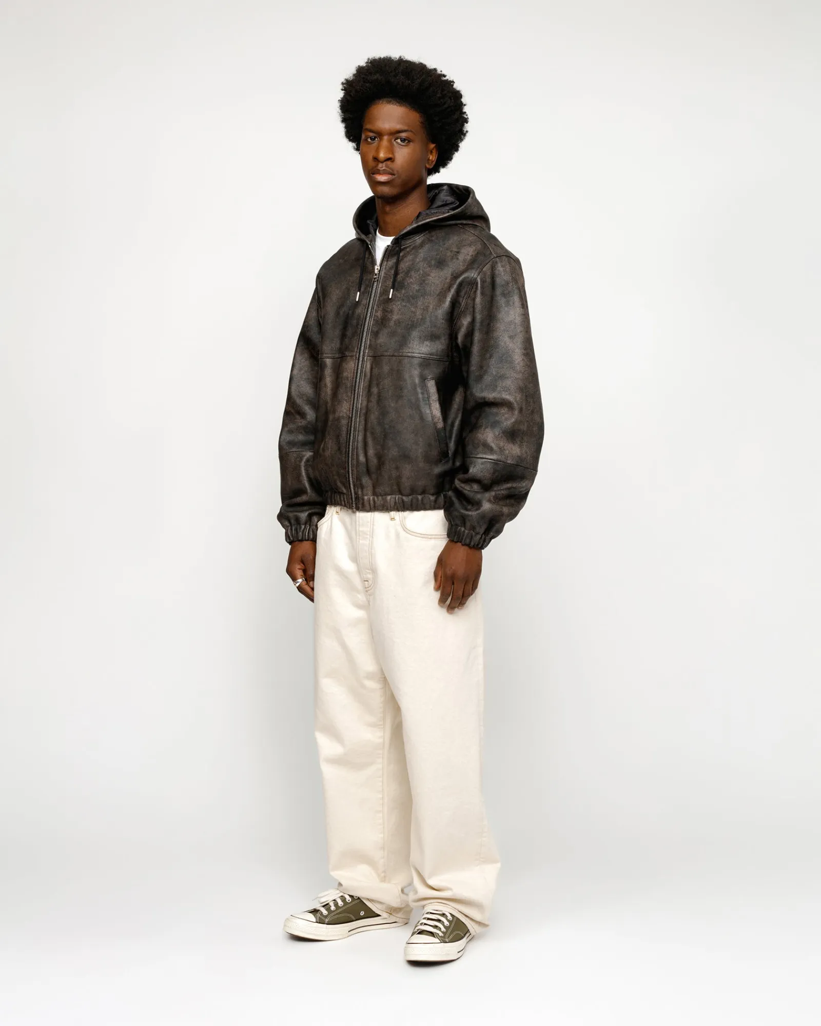 Outerwear>Stüssy WORK JACKET STONEWASH LEATHER Black Leather