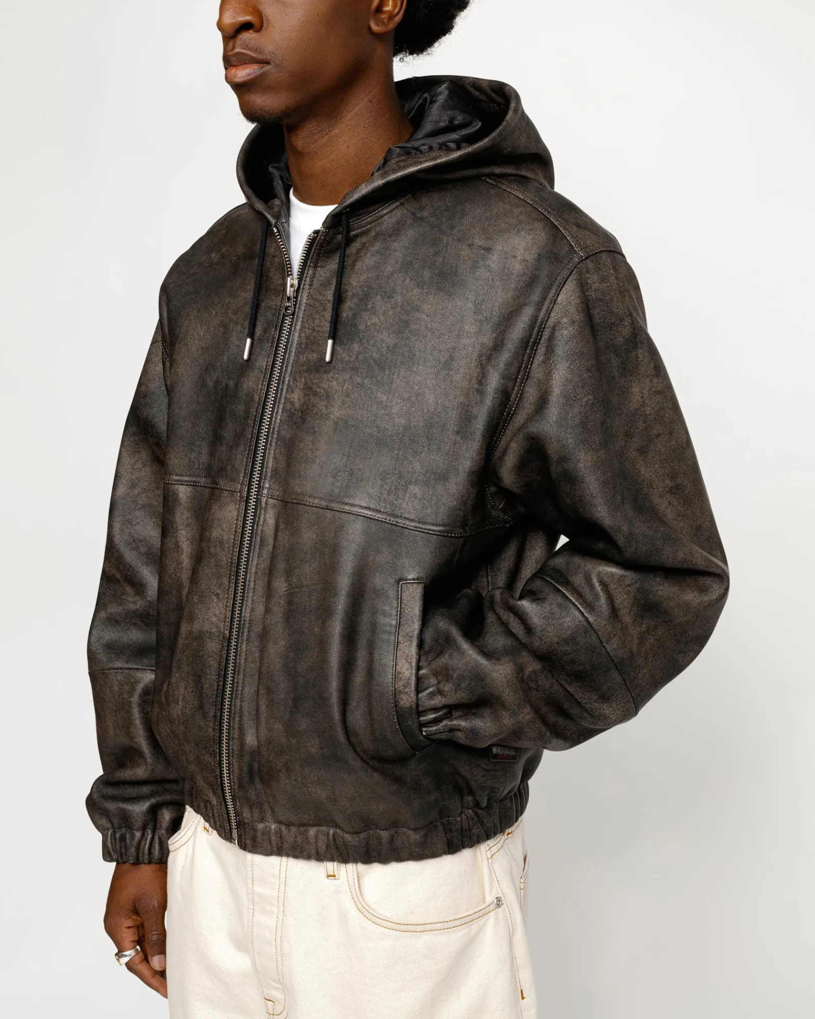 Outerwear>Stüssy WORK JACKET STONEWASH LEATHER Black Leather