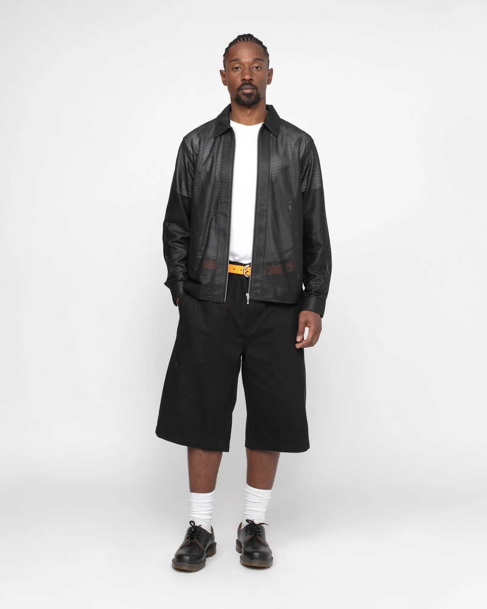 Shirts>Stüssy ZIP SHIRT PERFORATED LEATHER Black